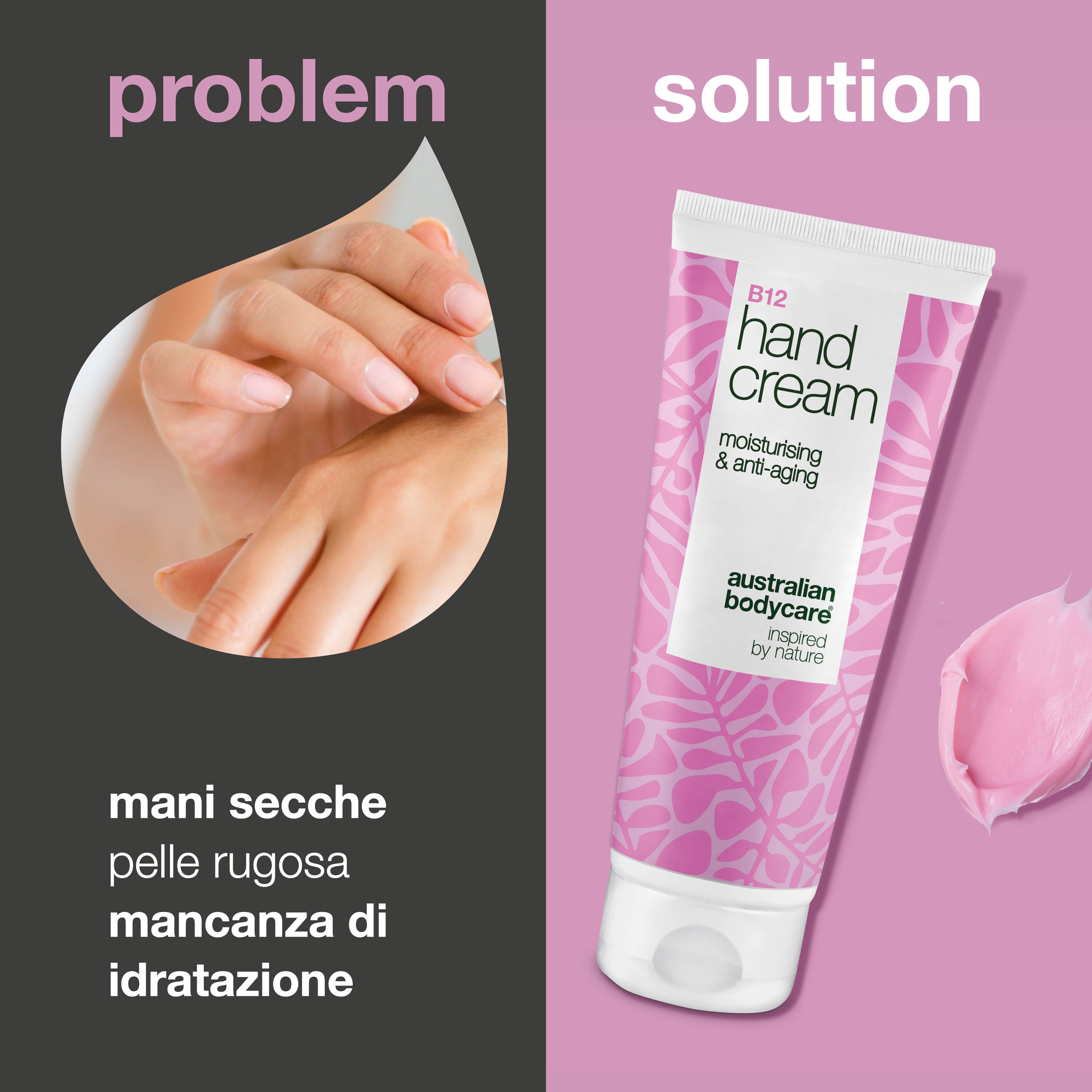 Crema mani B12, idratante e anti-età. Crema rosa accanto alle mani. Marchio: Australian Bodycare. Testo: Problema/Soluzione.