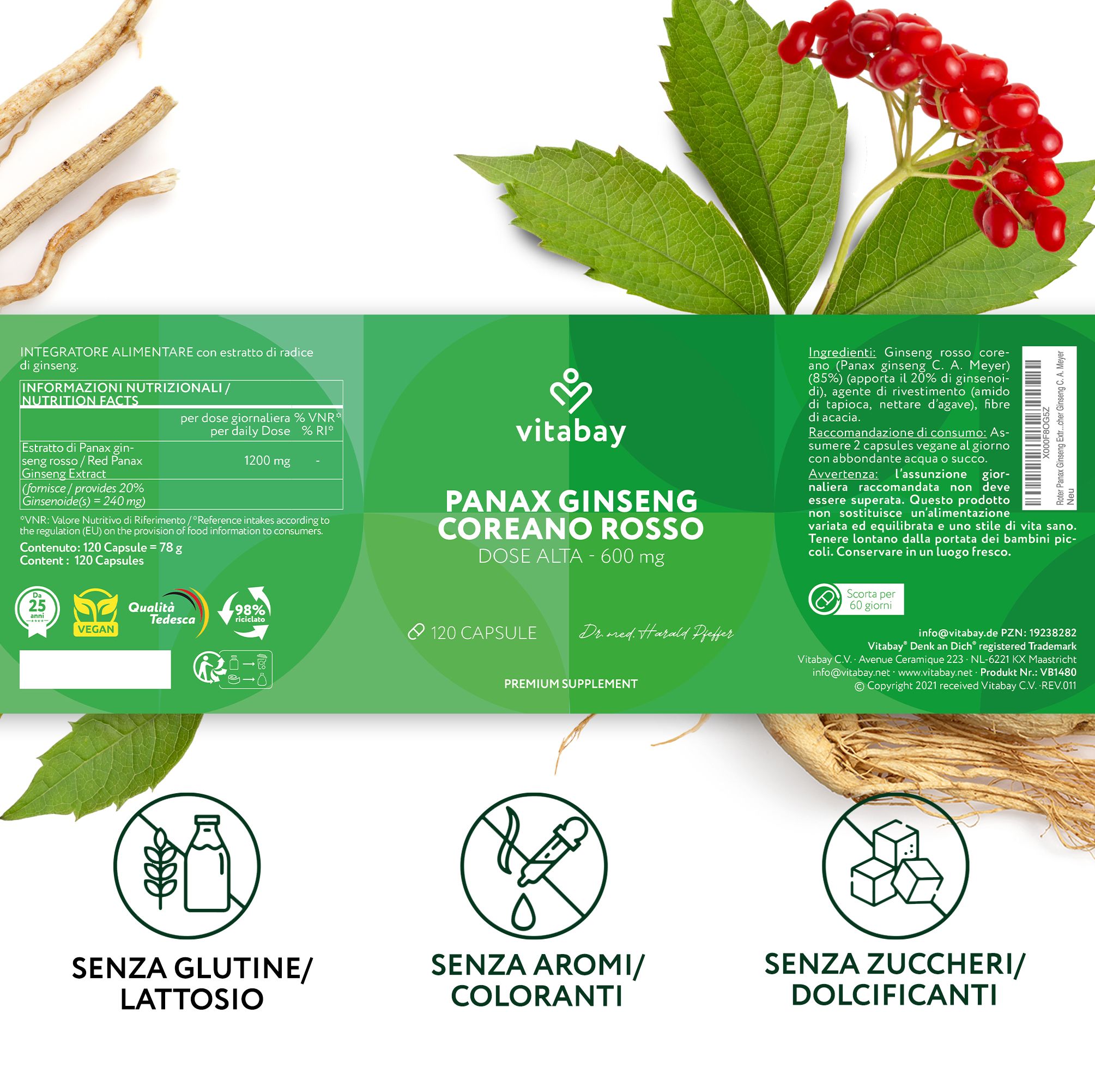 Barattolo Vitabay Roter Panax Ginseng Extrakt con etichetta e radice di ginseng.