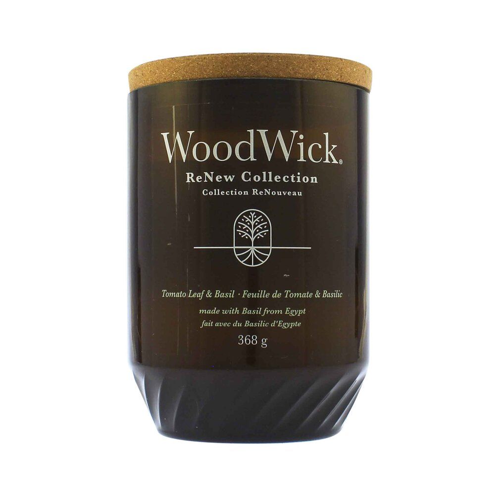 Candela marrone con coperchio in sughero. Scritta: WoodWick ReNew Collection, Tomato Leaf & Basil, 368 g.