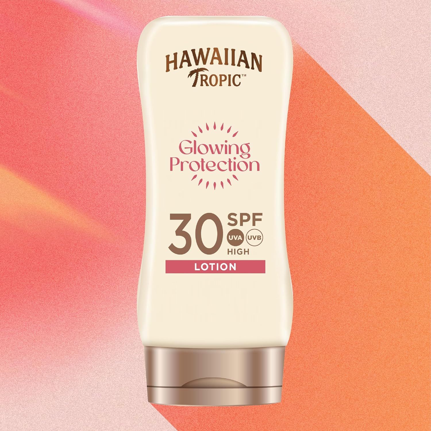 Lozione solare SPF 30. Marchio: Hawaiian Tropic. Scritta: Glowing Protection, Lotion. Flacone con tappo marrone.