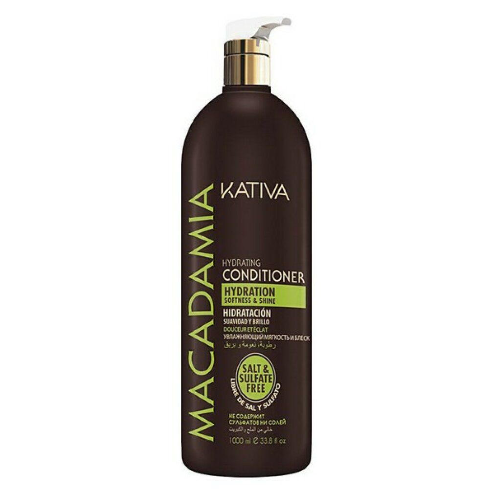 Flacone marrone Kativa Macadamia Conditioner. Erogatore bianco. Testo: Hydrating Conditioner, Salt & Sulfate Free.