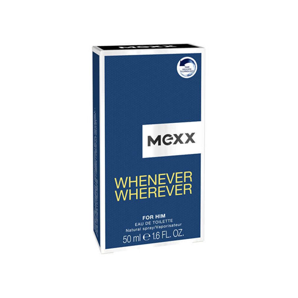 Confezione in cartone con MEXX, Whenever Wherever, For Him. 50 ml. Confezione blu con logo bianco.