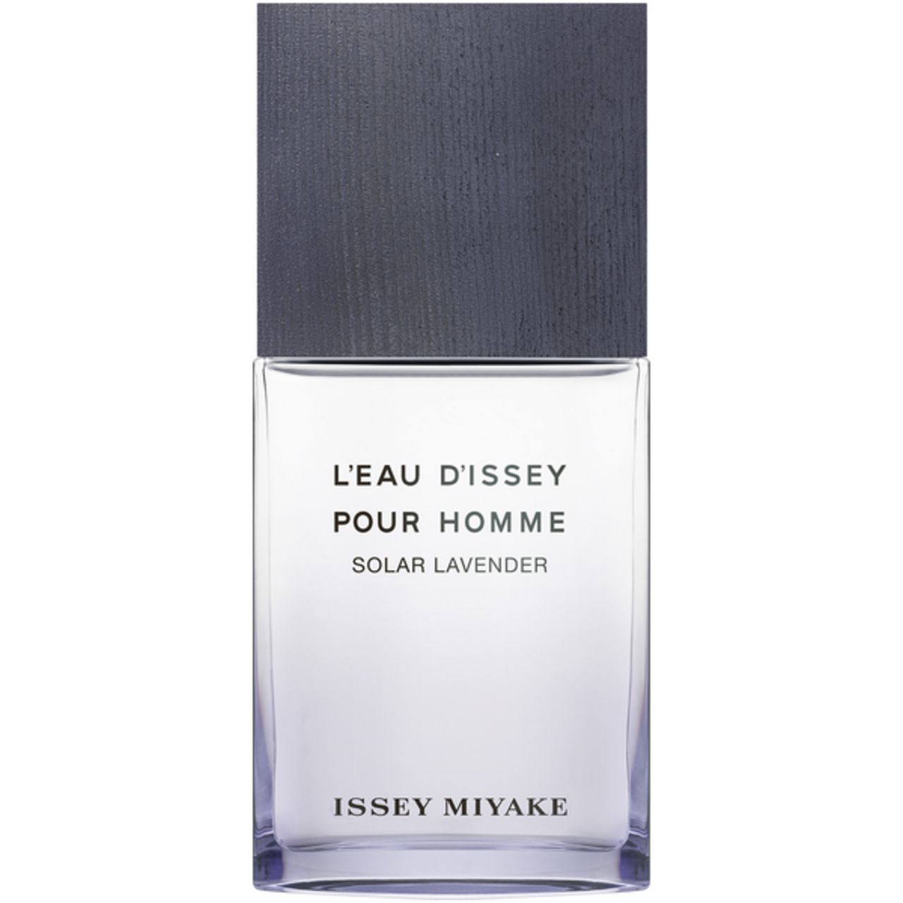 Flacone rettangolare con tappo scuro. Scritta: L'EAU D'ISSEY POUR HOMME Solar Lavender. Marchio: Issey Miyake.