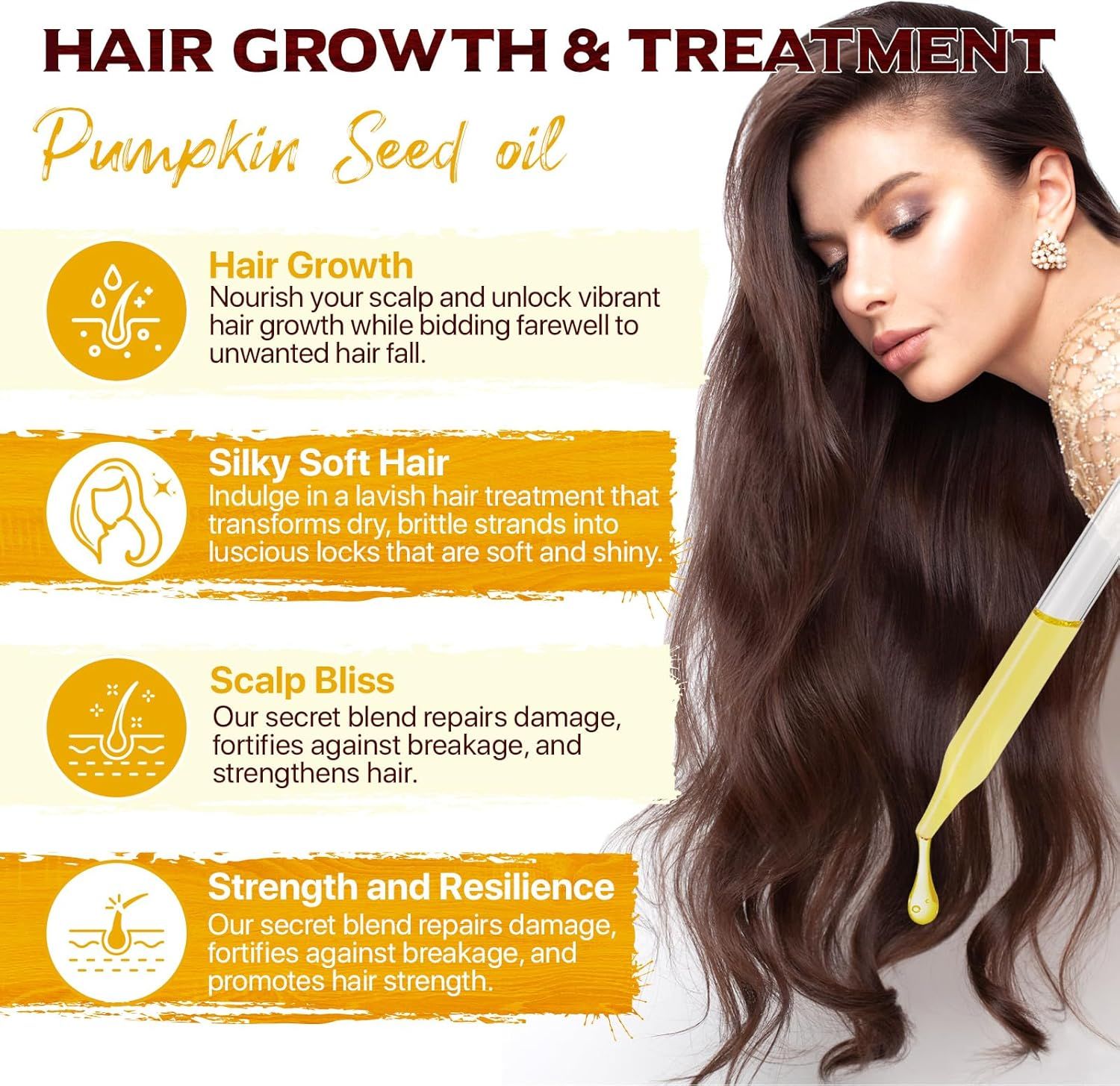 Donna con lunghi capelli castani. Testo: HAIR GROWTH & TREATMENT. Illustrazioni e testo sulla crescita dei capelli, capelli morbidi, cuoio capelluto e forza.