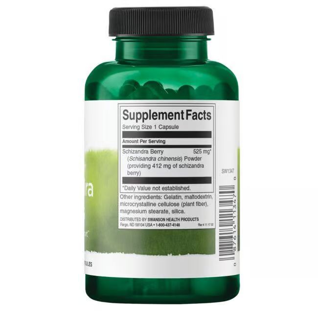 Retro del flacone verde. Etichetta con informazioni nutrizionali: Schizandra Berry, 525 mg per capsula. Ingredienti.