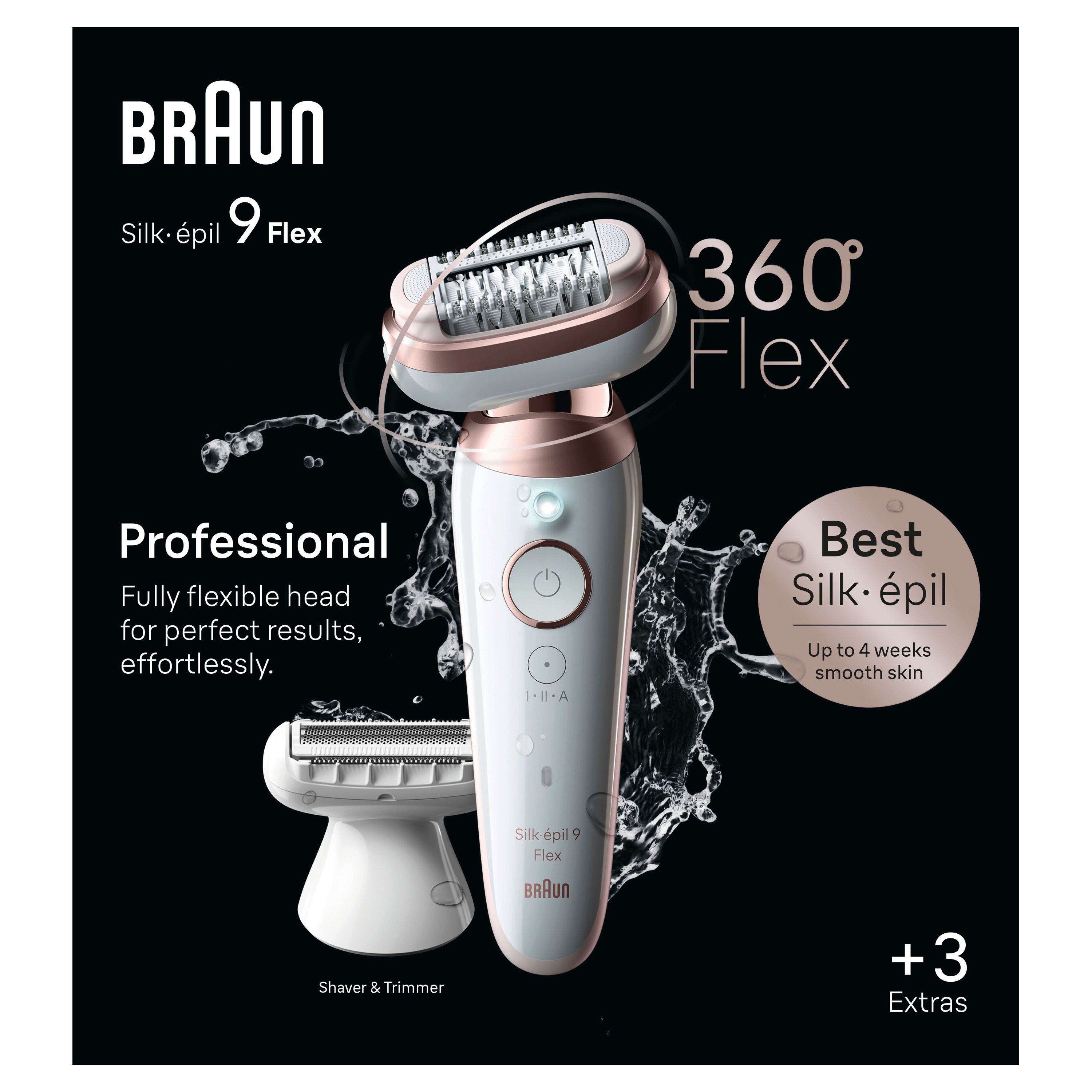 Braun Silk-épil 9 Flex su sfondo nero. Testo: 360° Flex, Best Silk-épil, Professional. Accessori.