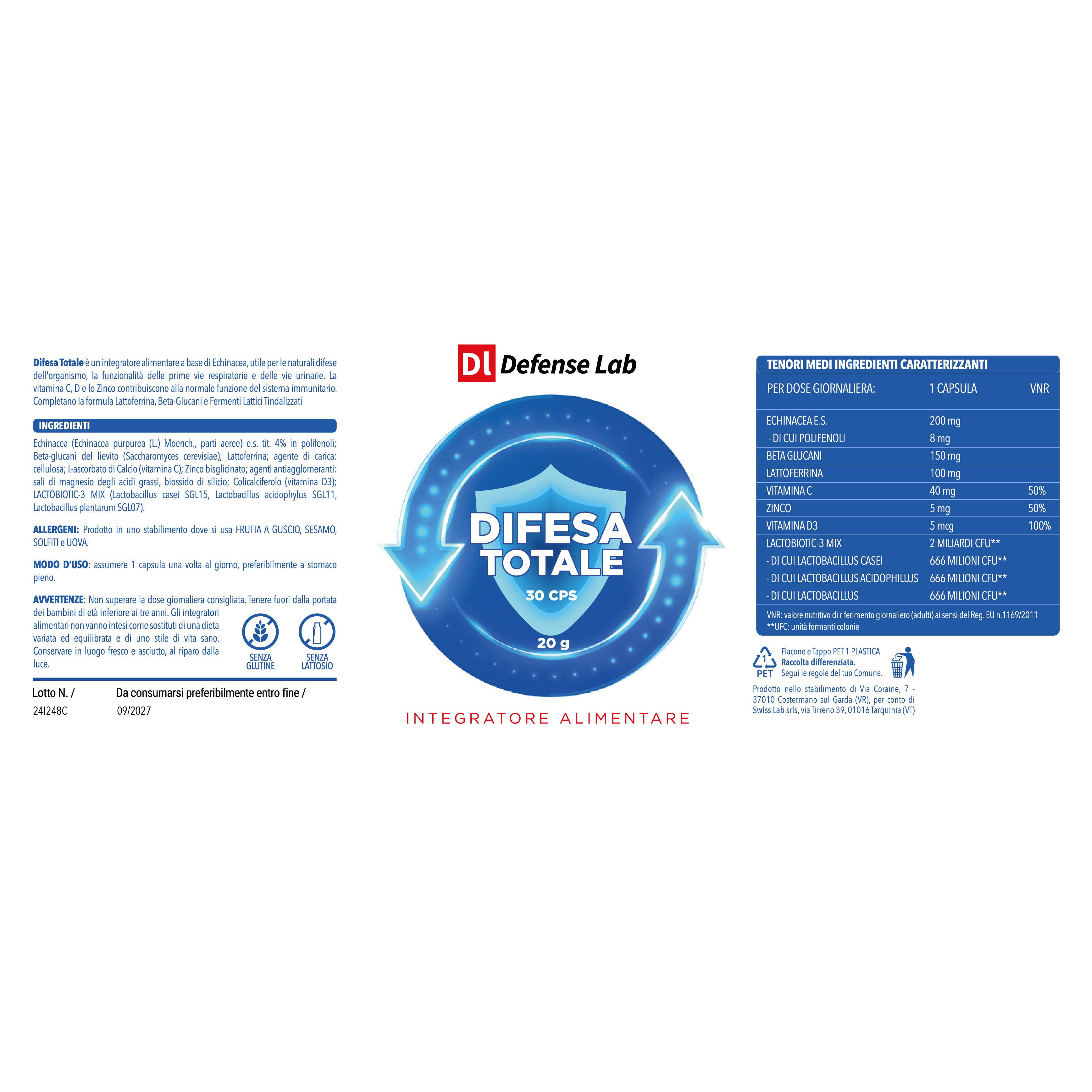 Etichetta del prodotto con ingredienti e informazioni nutrizionali. Logo: Defense Lab. Testo: Difesa Totale, 30 cps. Ingredienti per capsula.