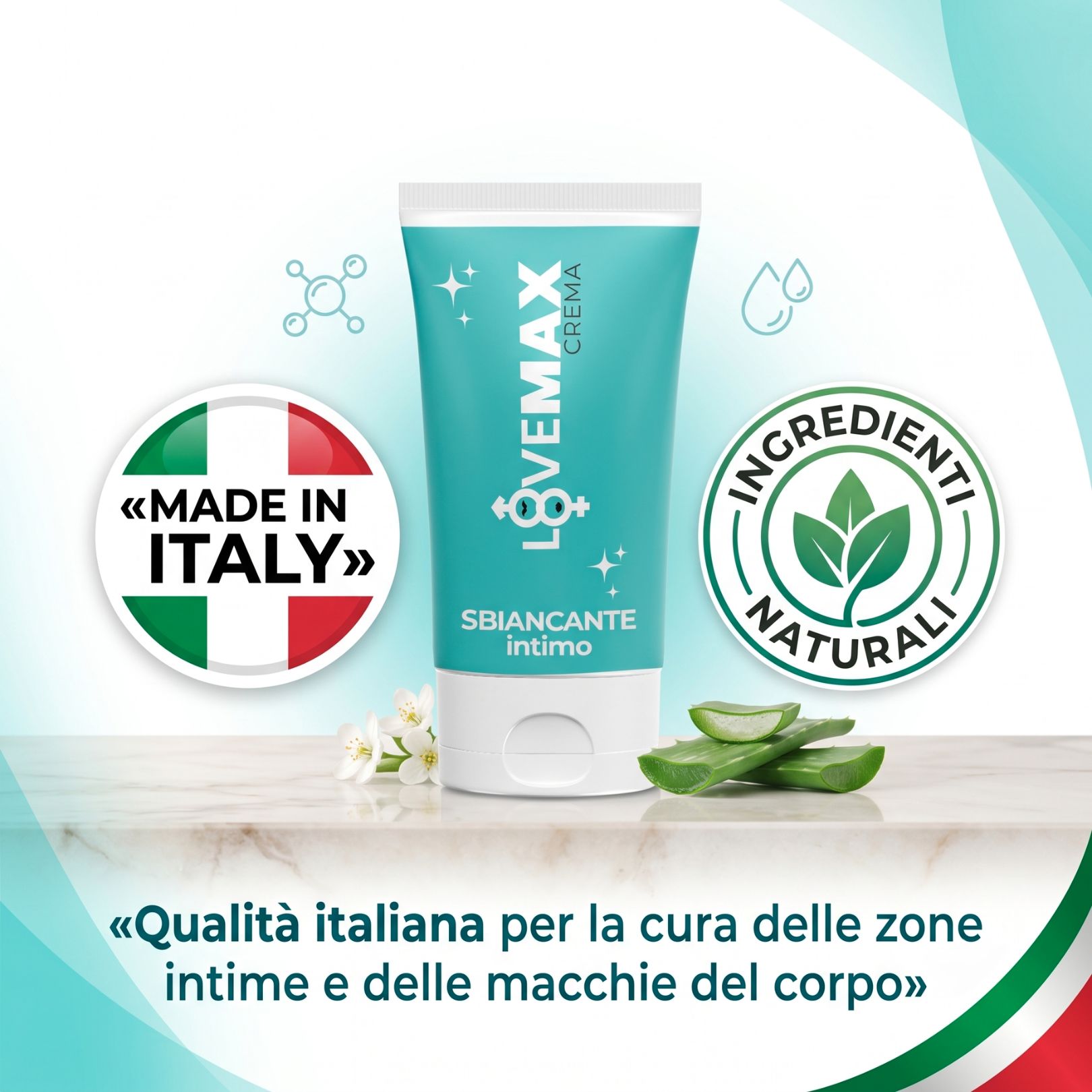 Tubo di crema LOVEMAX con sigilli "Made in Italy" e "Ingredienti Naturali".