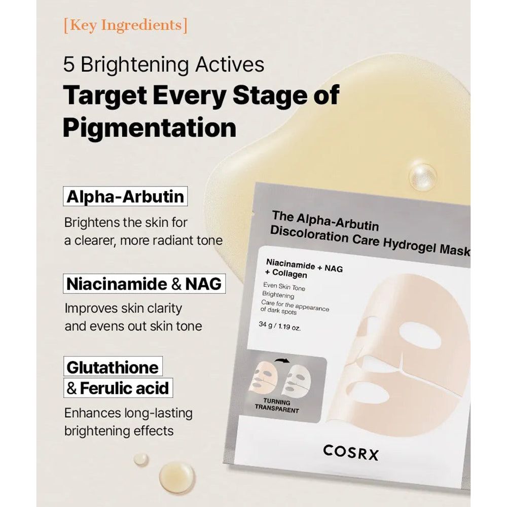 Confezione della maschera idrogel Alpha-Arbutin Discoloration Care accanto a ingredienti liquidi e testo.