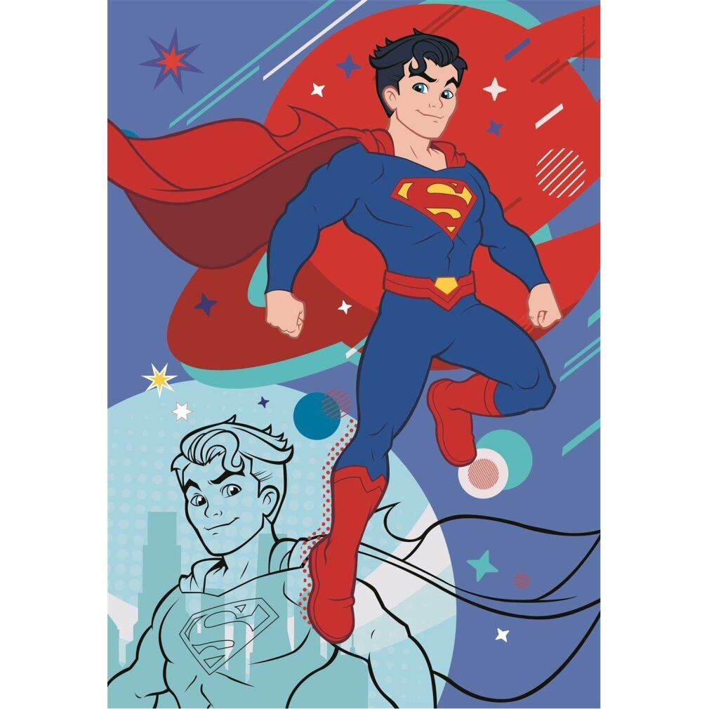 Puzzle di Superman. Superman con mantello rosso e costume blu. Sfondo con stelle e cerchi. Contorno di Superman.