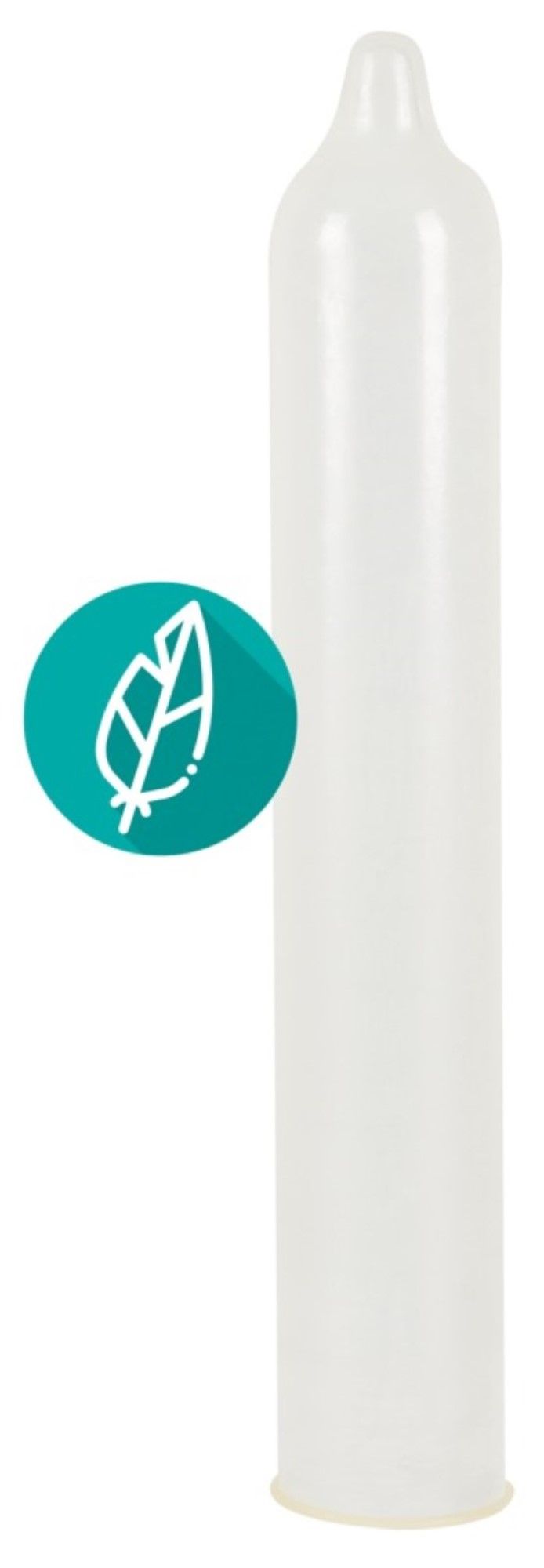 Preservativo bianco con simbolo di foglia verde. Il preservativo è raffigurato su sfondo bianco.