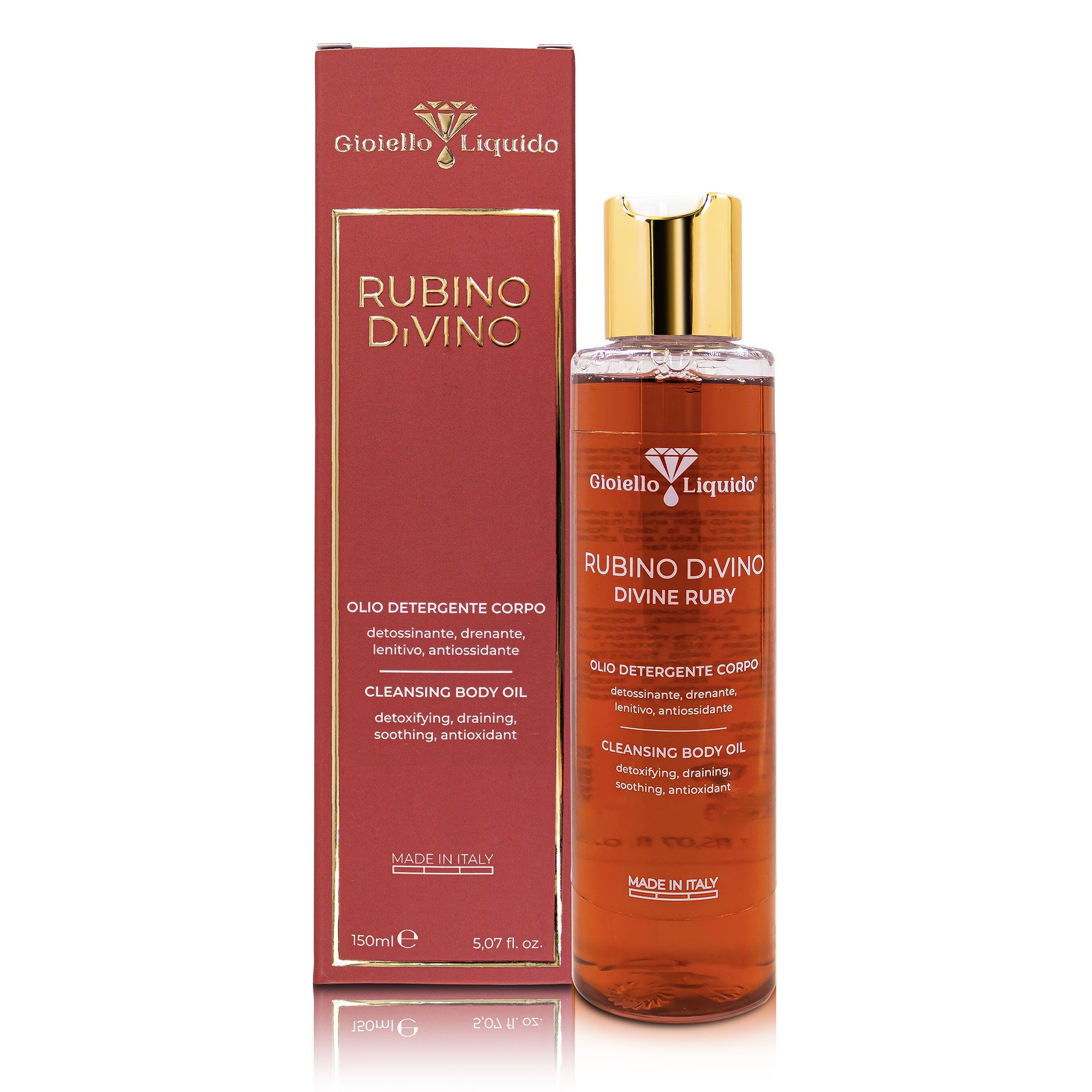 Olio detergente corpo e confezione. Scritta: Rubino Divino Divine Ruby. Confezione rossa, scritta dorata. Made in Italy.