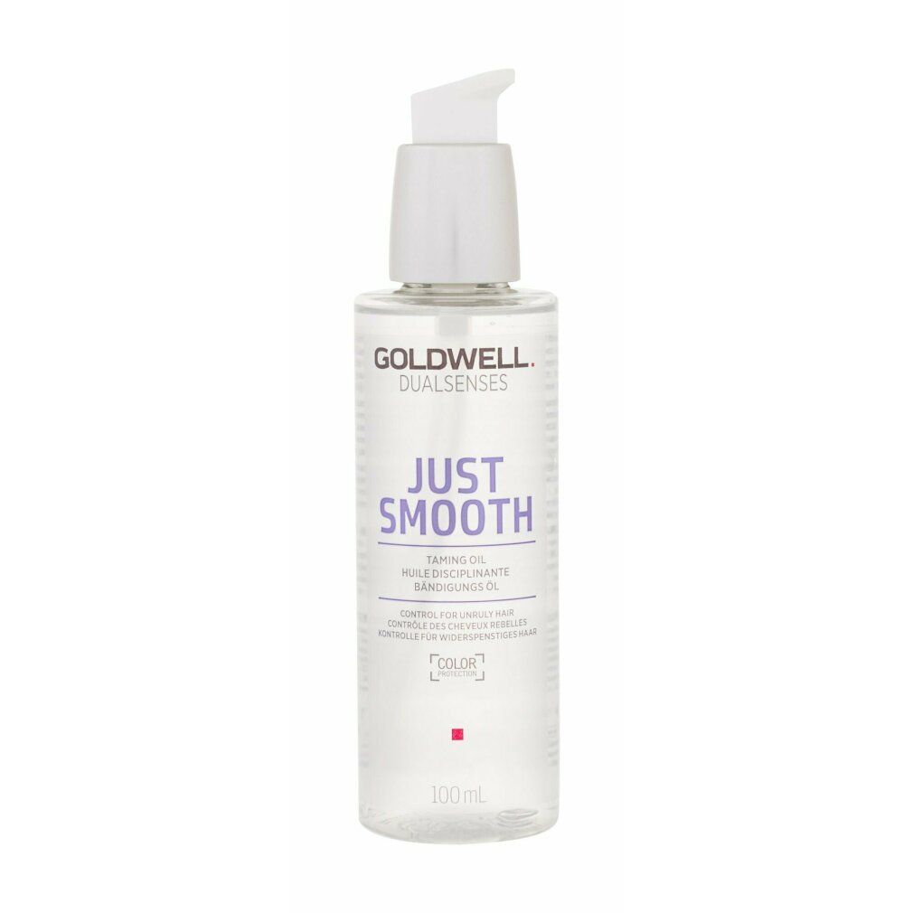 Goldwell Dualsenses Just Smooth Taming Oil. Flacone trasparente con dosatore. Nome del prodotto e marchio visibili.