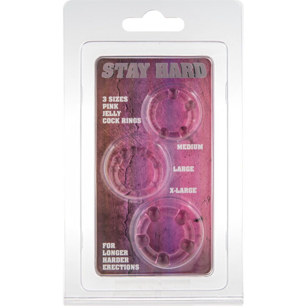 Tre anelli per il pene in blister. Scritta: STAY HARD, 3 taglie, Pink Jelly Cock Rings. Per erezioni più lunghe e dure.