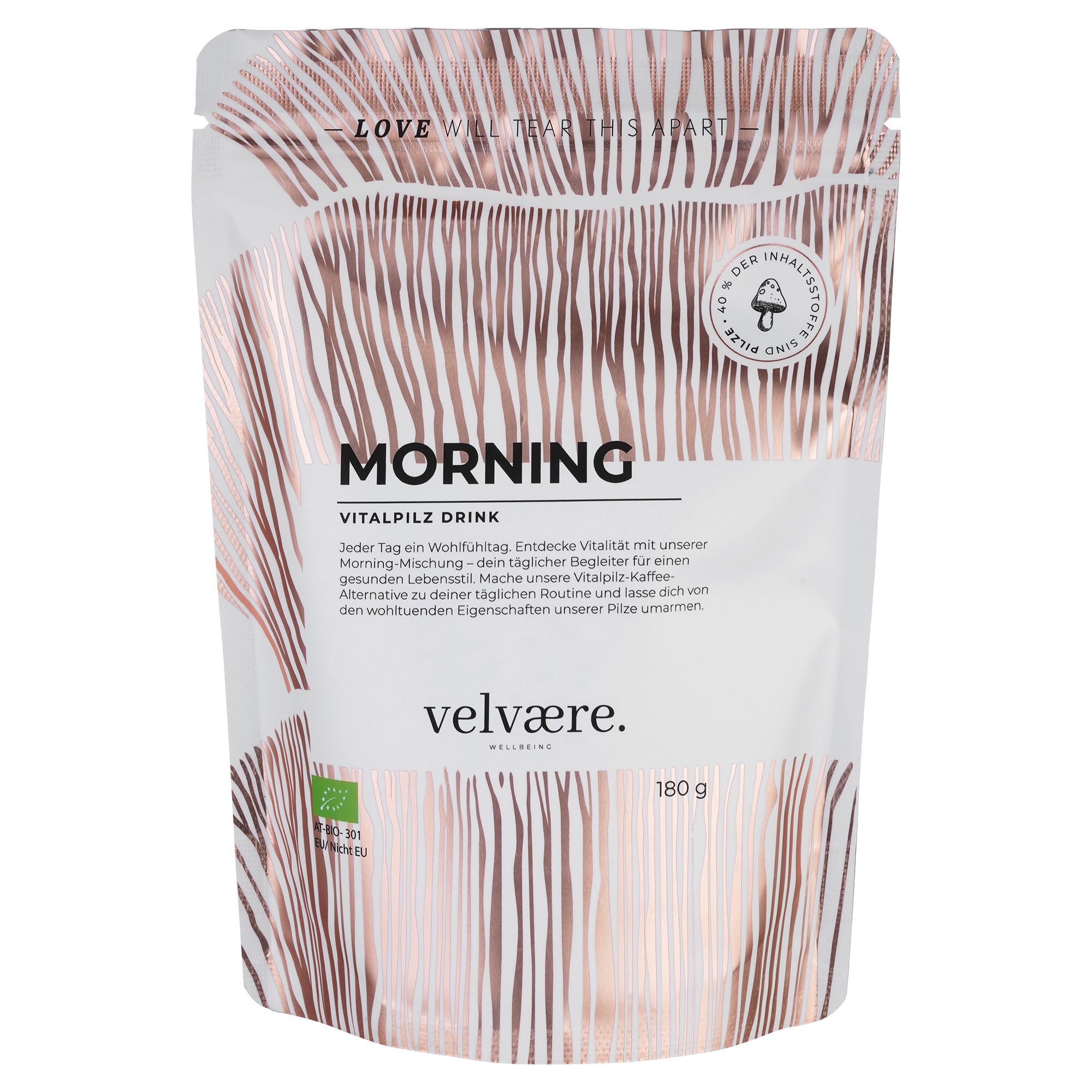 Confezione con scritta: MORNING Vitalpilz Drink, velvaere. Motivo di sfondo. Marchio di certificazione.