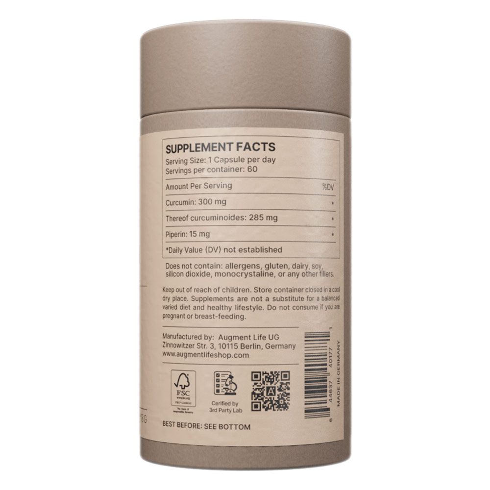 Barattolo di integratori con etichetta "Supplement Facts" che elenca curcumina e piperina.