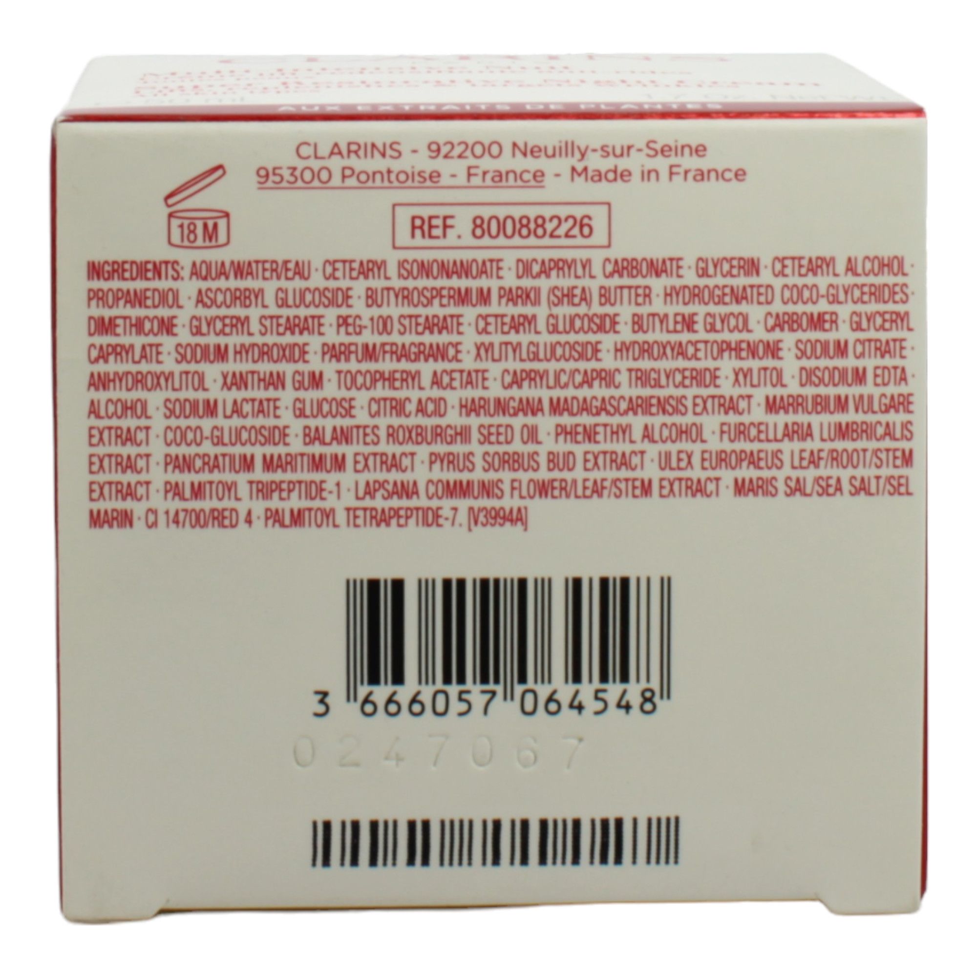 Retro della confezione del prodotto. Ingredienti, indirizzo e codice a barre.