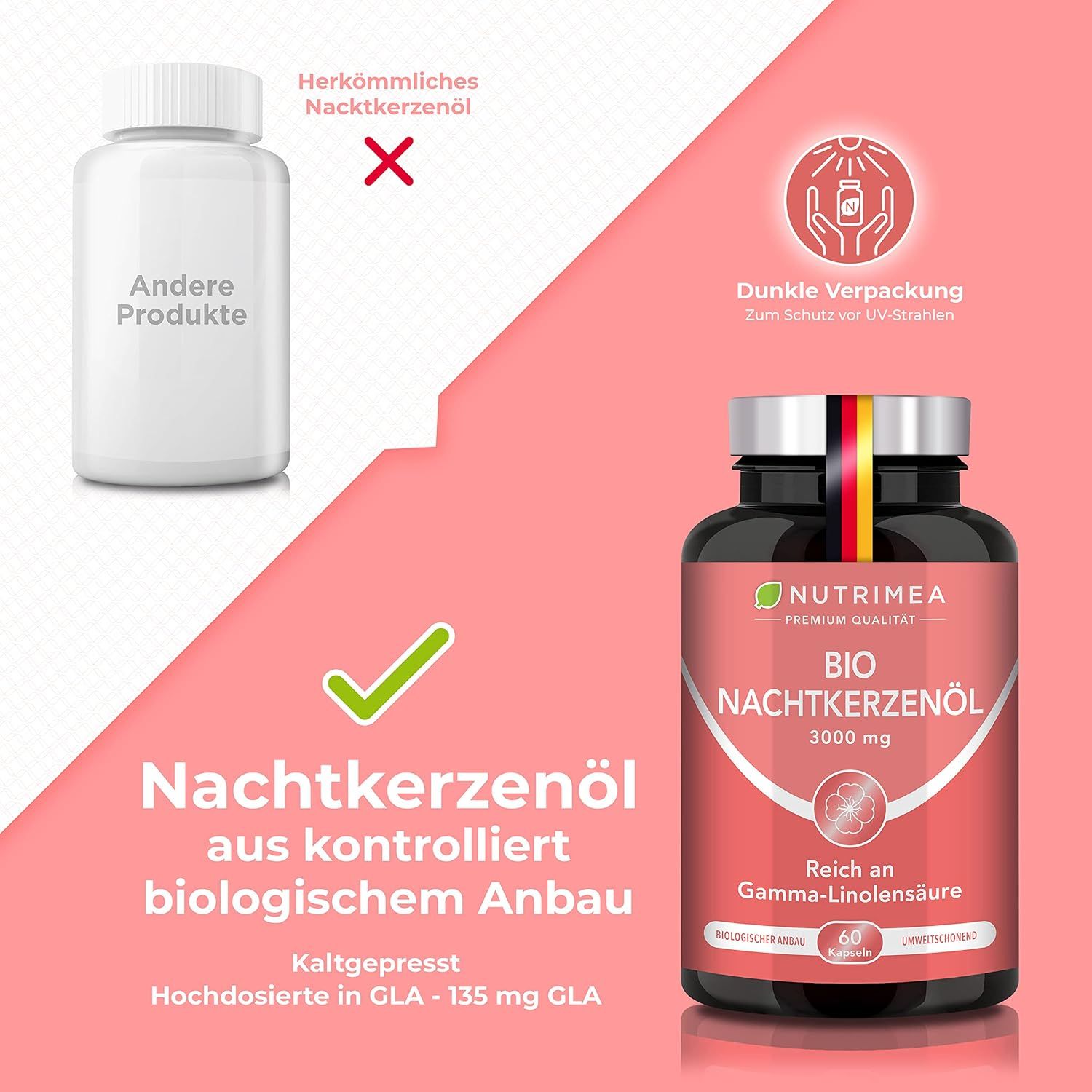 Confronto: Olio di enotera da agricoltura biologica controllata. Flacone con etichetta BIO Nachtkerzenöl. Spremutura a freddo. 60 capsule.