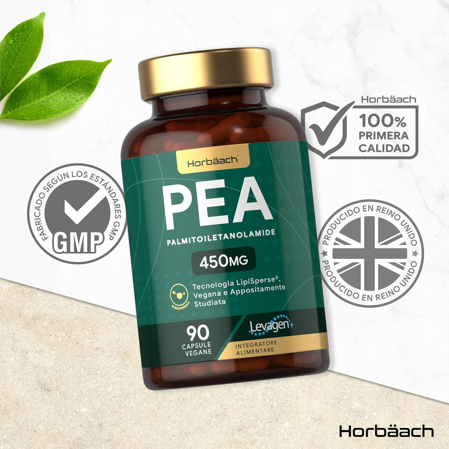 Flacone marrone, etichetta verde. PEA 450mg, 90 capsule vegane. Standard GMP, 100% alta qualità. Prodotto nel Regno Unito.