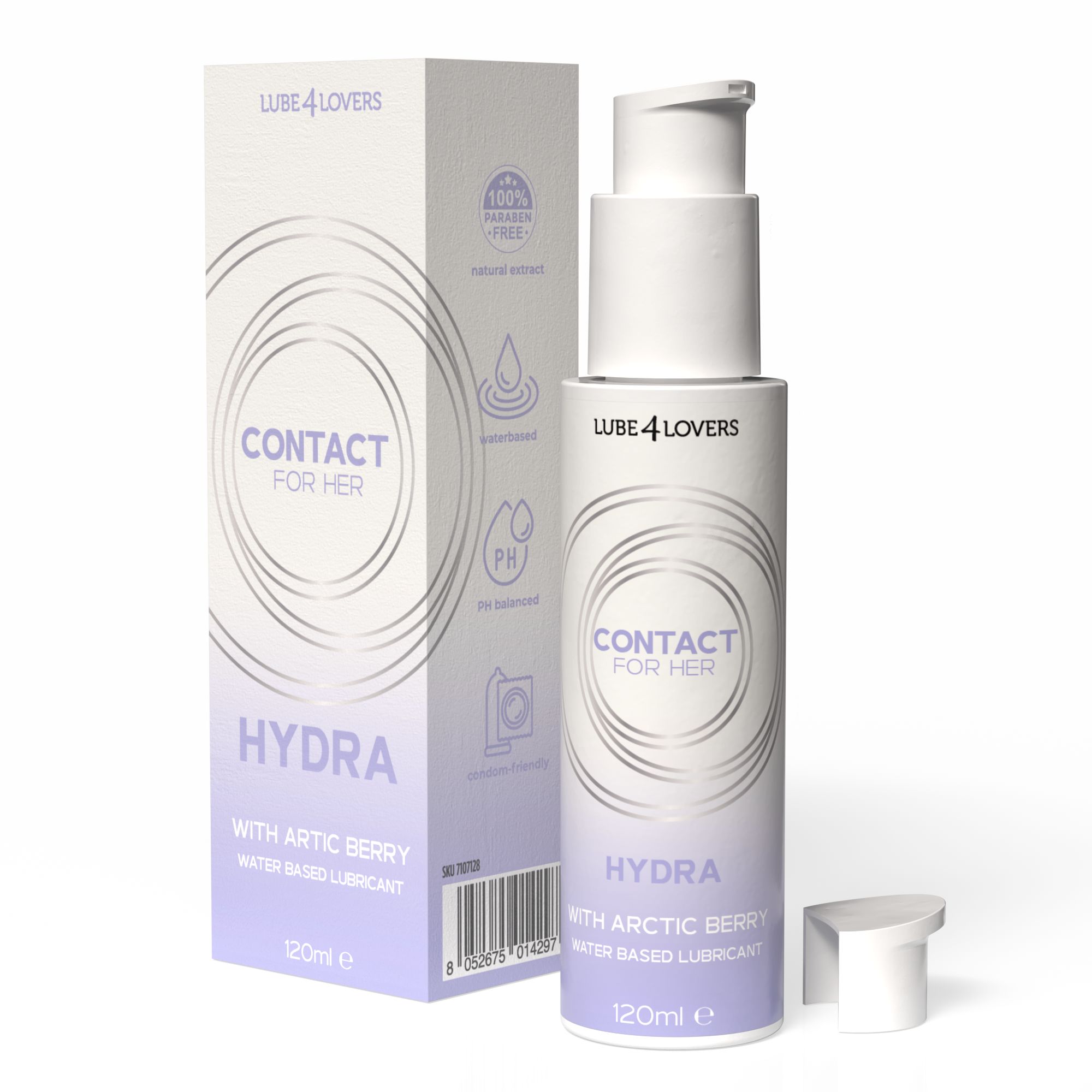 Flacone bianco con pompa e scatola. Scritta: CONTACT FOR HER, HYDRA, con Arctic Berry. 120ml. Tappo accanto.