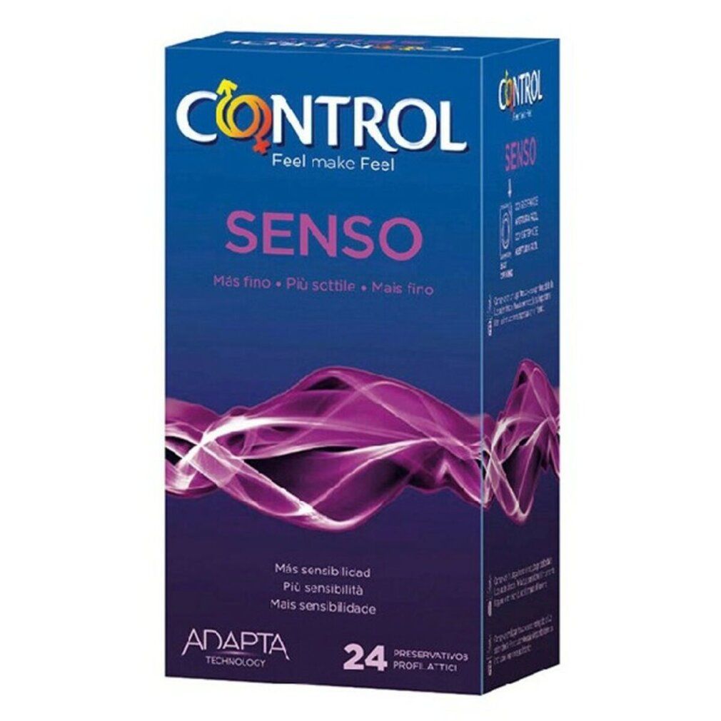 Scatola di preservativi CONTROL SENSO. 24 pezzi. Logo blu-giallo. Testo multilingue. Tecnologia Adapta.