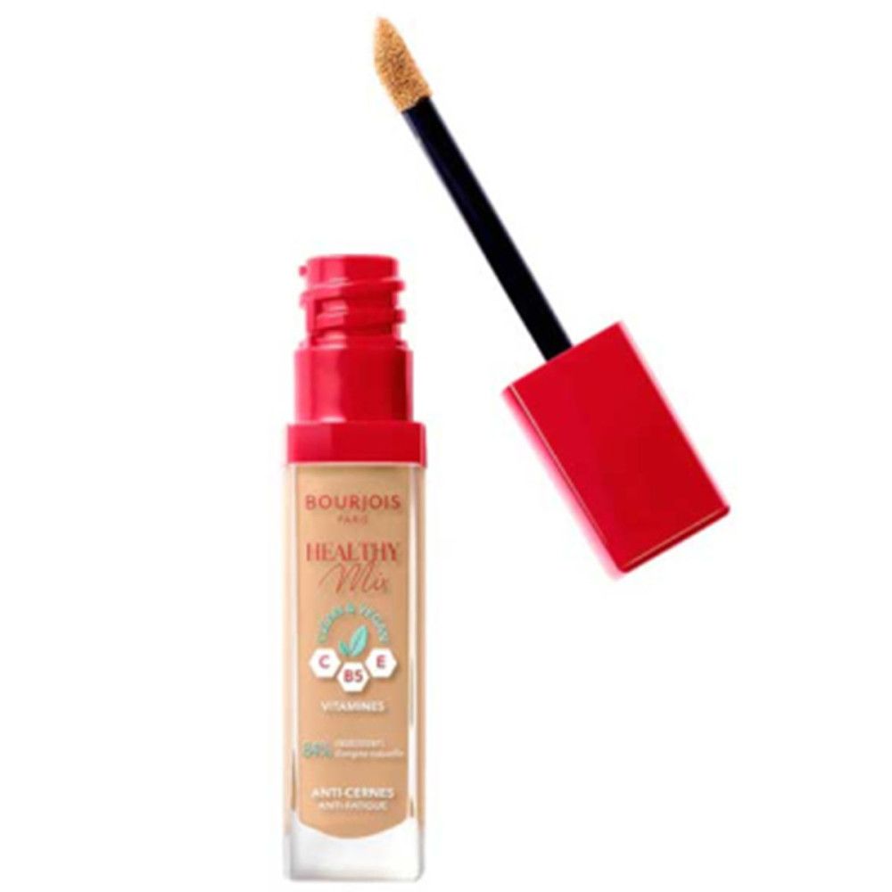 Flacone di correttore Bourjois Healthy Mix con tappo rosso e applicatore. Nome del prodotto e ingredienti visibili.