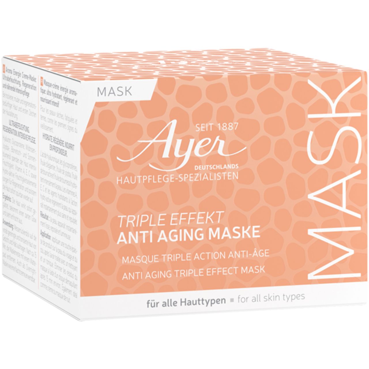 Scatola con scritta: Ayer, Triple Effetto Anti Aging Maske. Per tutti i tipi di pelle.