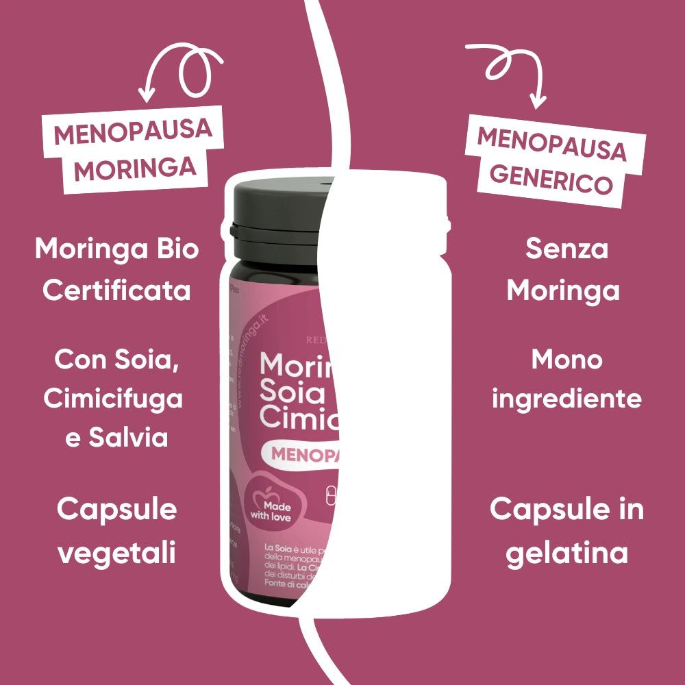 Confronto: Menopausa Moringa vs. Generico. Moringa Bio, Soia, Cimicifuga, Salvia, capsule vegetali. Senza Moringa, capsule in gelatina.