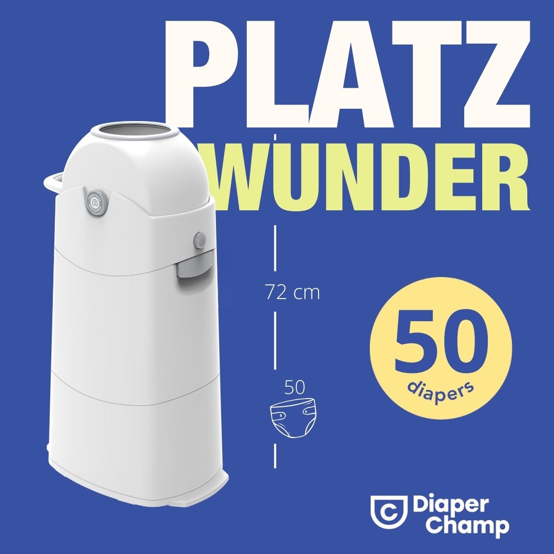 Bidone per pannolini bianco con coperchio e maniglia. Testo: PLATZ WUNDER, 72 cm, 50 diapers. Logo: Diaper Champ.