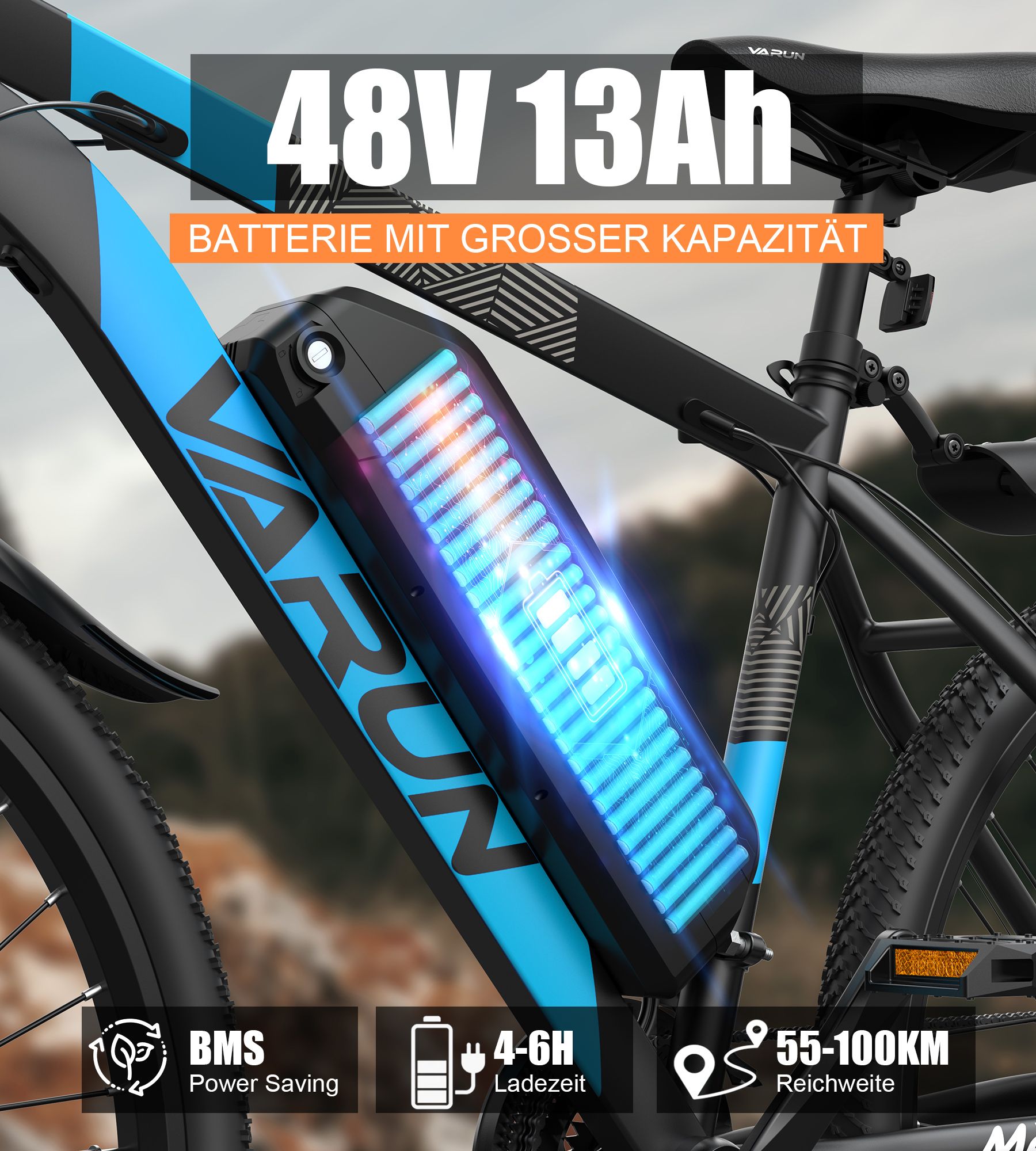 Batteria e-bike con illuminazione blu. Alloggiamento nero con logo VARUN. 48V 13Ah. BMS, tempo di ricarica 4-6H, autonomia 55-100km.