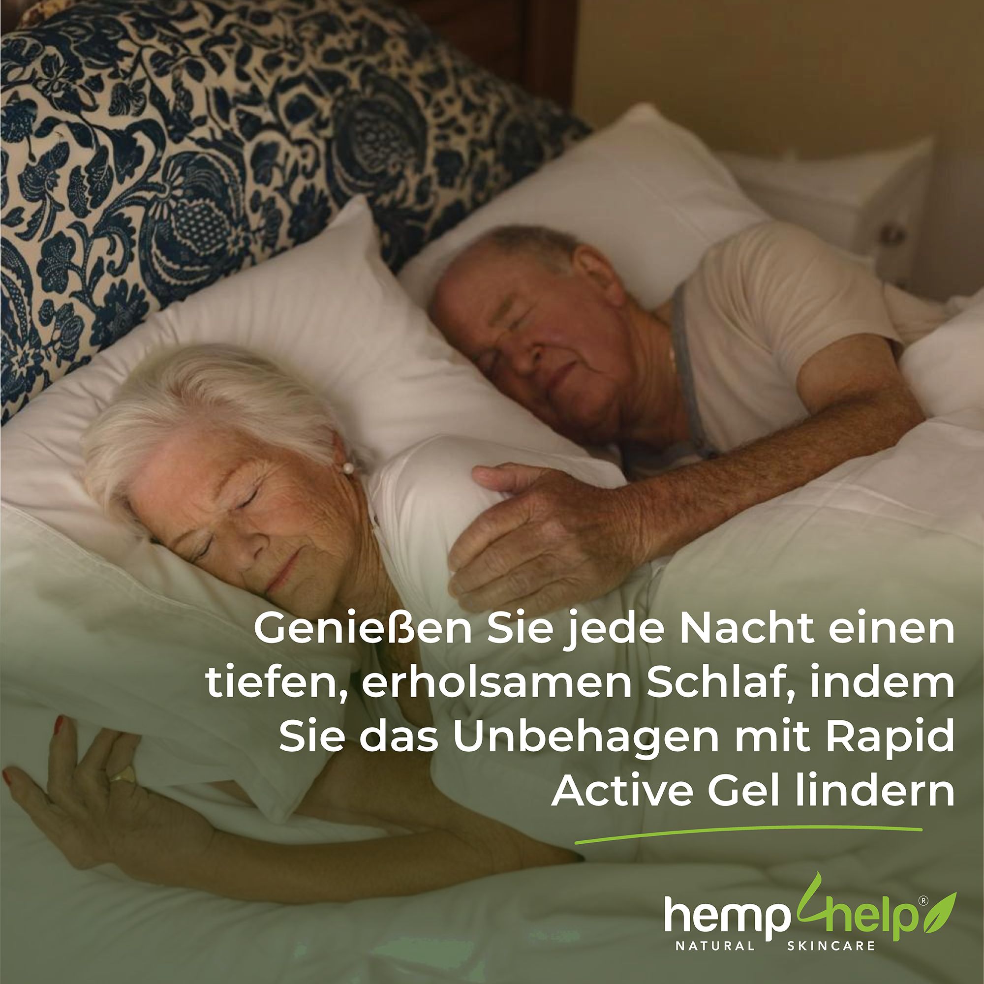 Coppia anziana a letto. Testo: sonno profondo e riposante con Rapid Active Gel. Logo: hemp4help natural skincare.