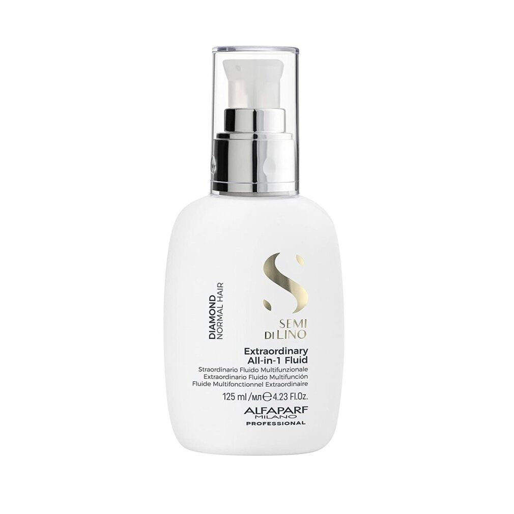Flacone bianco con dosatore. Scritta: Semi Di Lino, Diamond, Normal Hair, Extraordinary All-in-1 Fluid. Marchio: Alfaparf Milano.