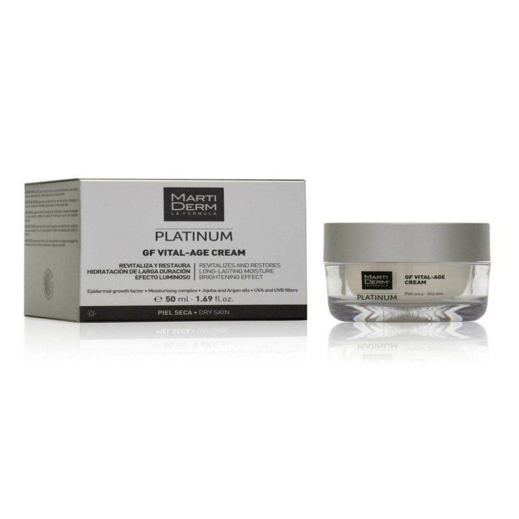 Scatola e vaso di crema. Scritta: Marti Derm Platinum GF Vital-Age Cream. Per pelle secca.