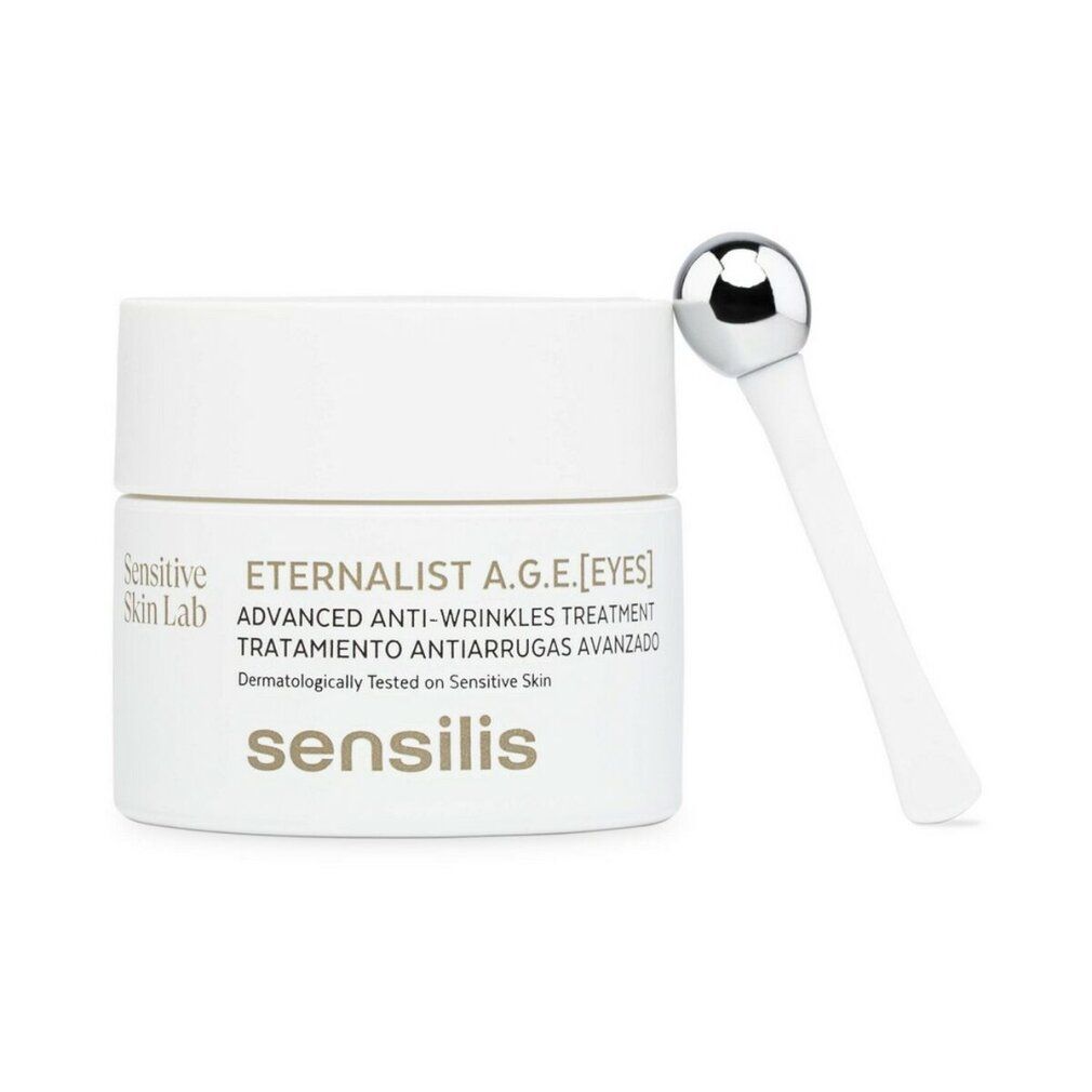 Vasetto bianco Sensilis con applicatore. Testo: Eternalist A.G.E.[EYES] Advanced Anti-Wrinkles Complex. Testato dermatologicamente.