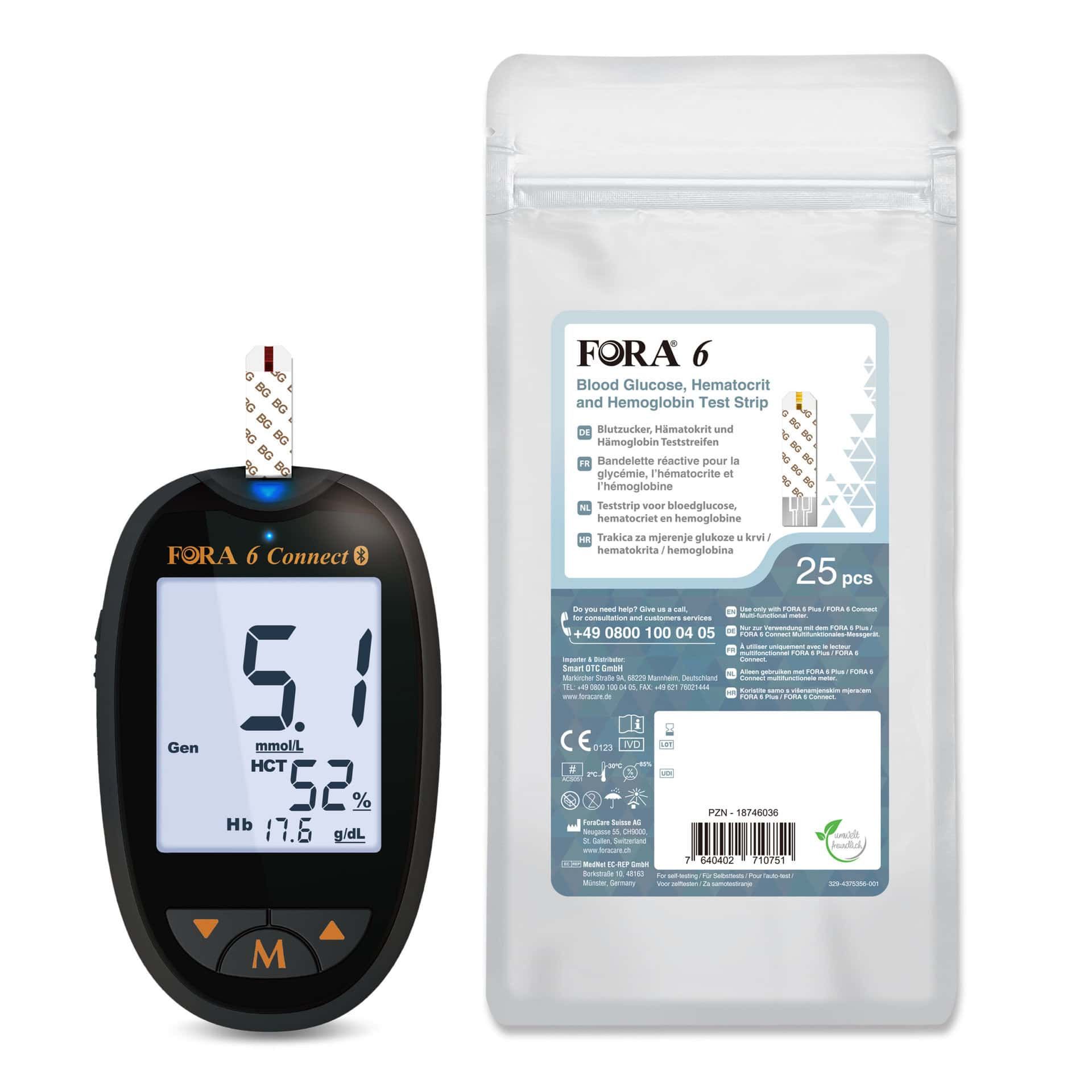 Glucometro FORA 6 Connect e 25 strisce reattive confezionate singolarmente.