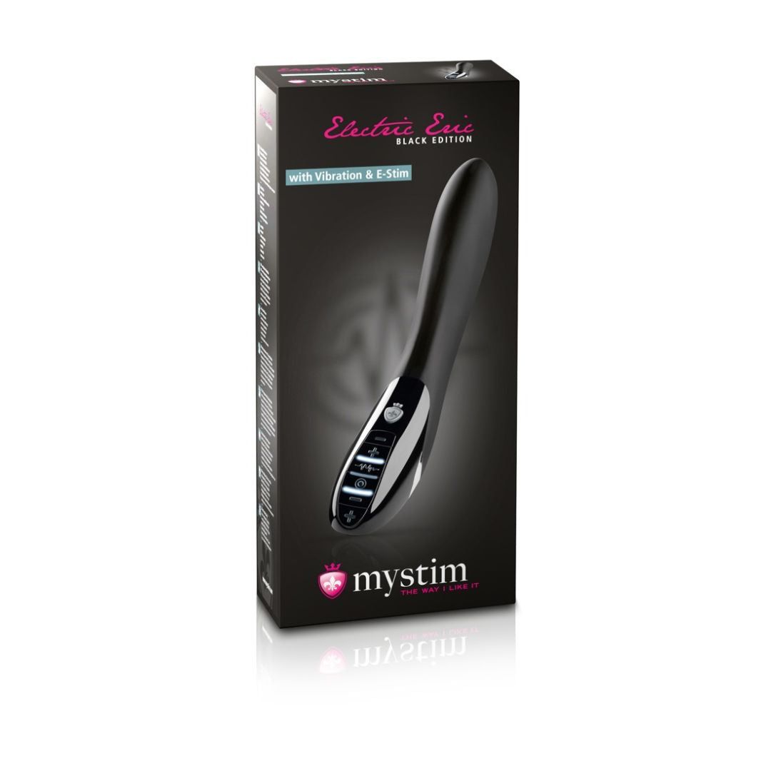 Prodotto benessere nero in confezione. Scritta: Electric Eric Black Edition. Con Vibrazione & E-Stim. Marchio: mystim.