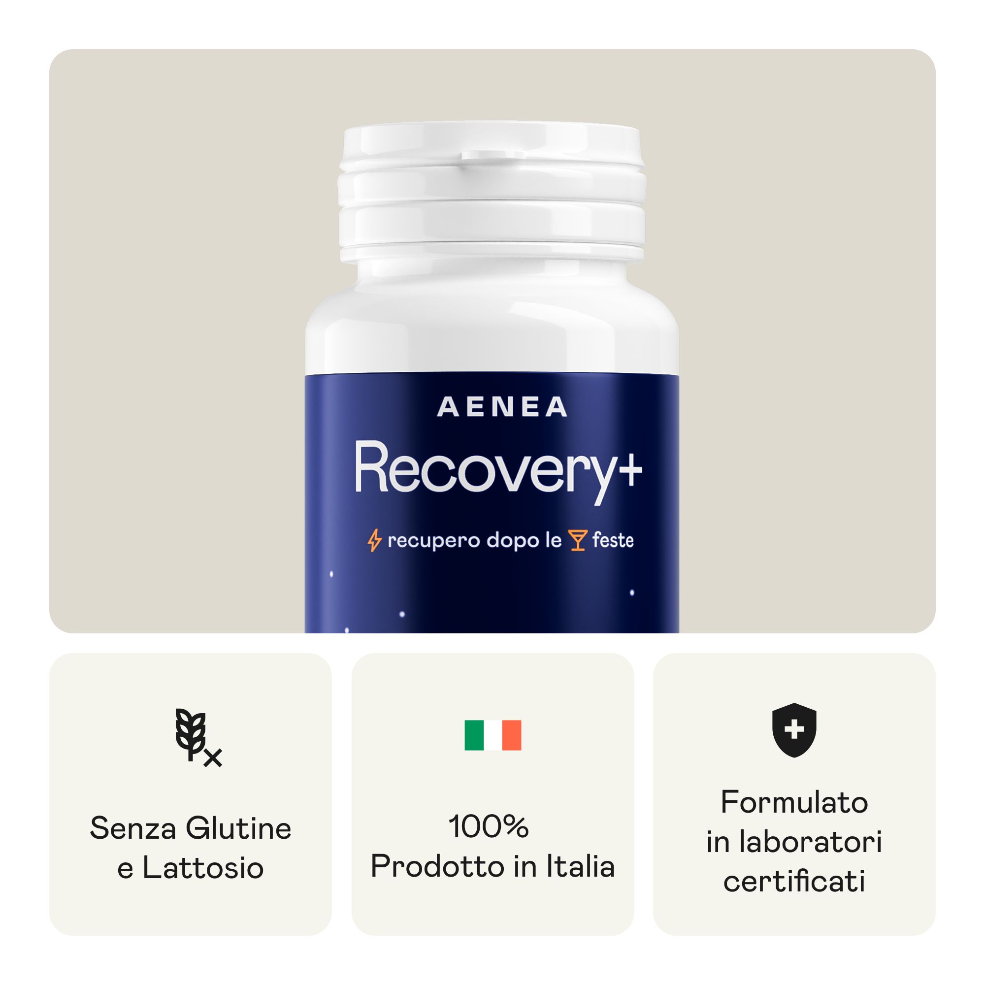 Flacone bianco di compresse. Scritta: Aenea Recovery+. Etichetta blu con cerchio giallo e bianco. 30 compresse. Senza glutine e lattosio. Prodotto in Italia.
