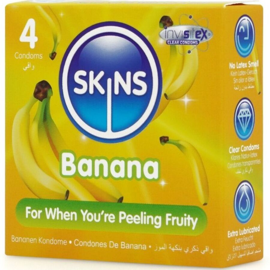 Confezione da 4 preservativi SKINS Banana. Confezione gialla con illustrazioni di banane. Testo: For When You're Peeling Fruity.