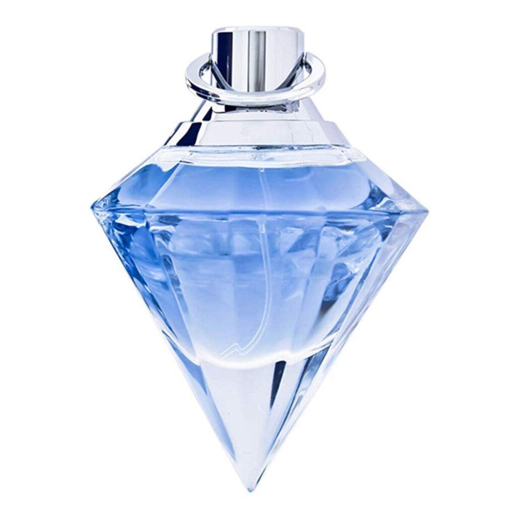 Flacone di profumo a forma di diamante. Liquido blu, tappo argentato. Erogatore spray.