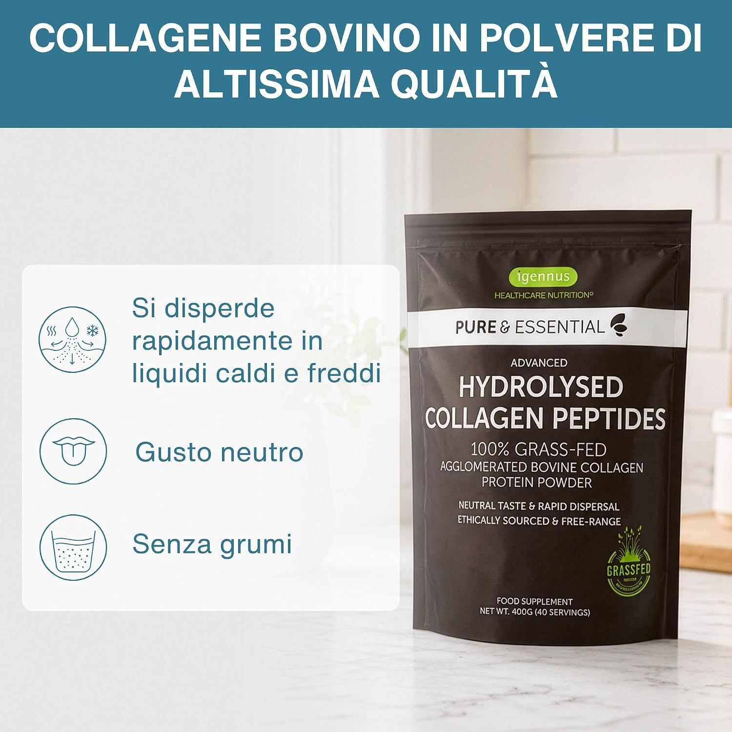 Polvere di collagene in bicchiere, con testo sull'idrolisi enzimatica e amminoacidi.