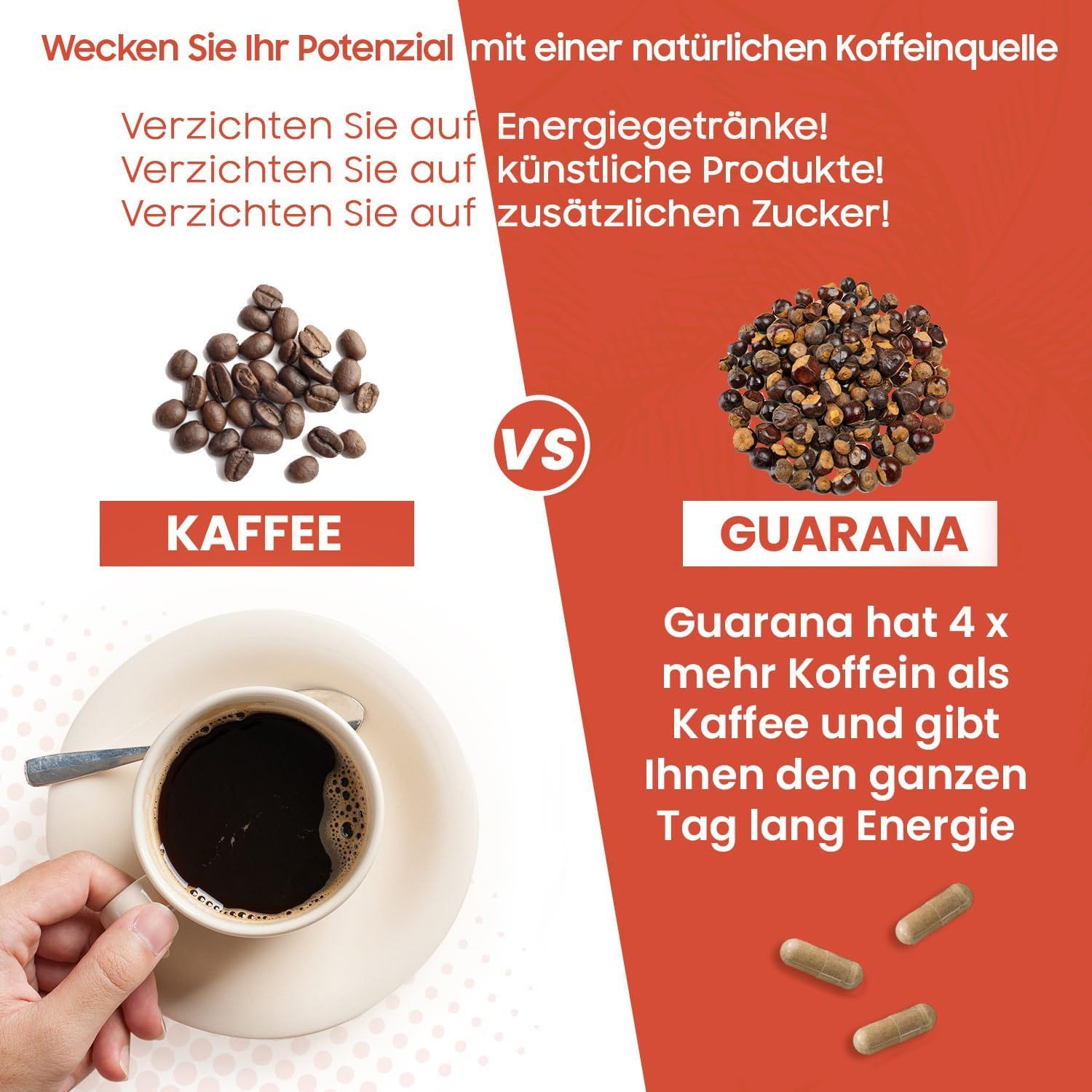 Confronto caffè vs. guaranà. Caffè in tazza, chicchi di caffè, semi di guaranà, capsule di guaranà. Testo.