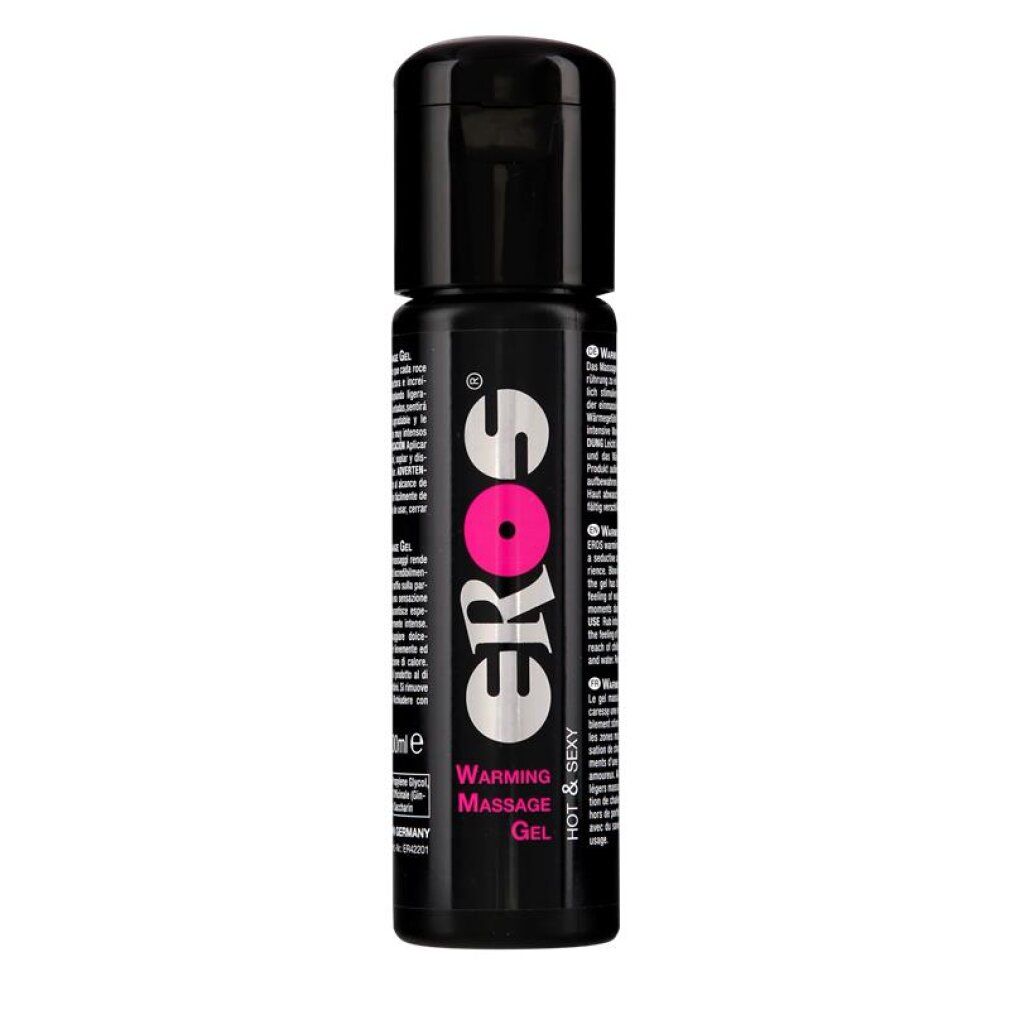 Gel da massaggio riscaldante Eros in flacone nero con logo argentato e cerchio rosa.