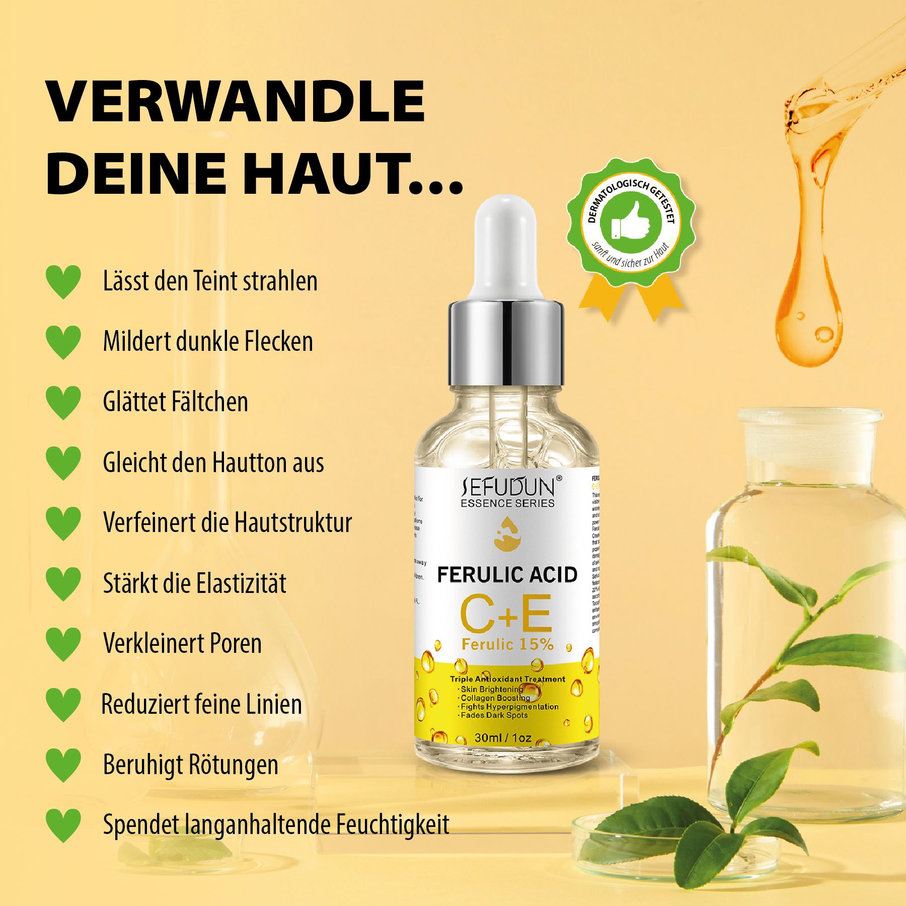 Flacone di siero con pipetta. Testo: Ferulic Acid C+E. Liquido giallo. Foglie verdi e certificato.