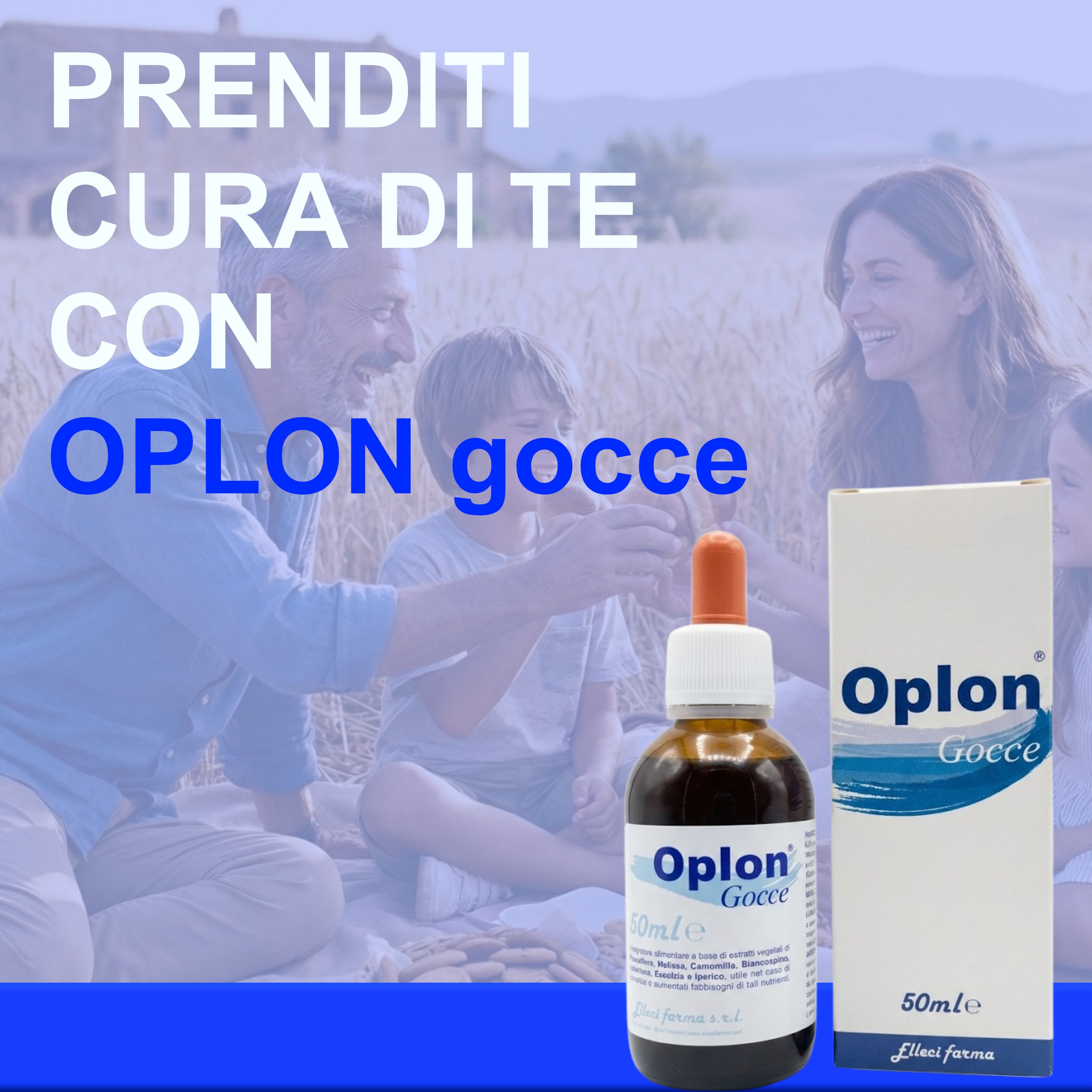 Famiglia all'aperto. Flacone e scatola. Scritta "Oplon Gocce". Flacone con contagocce rosso.