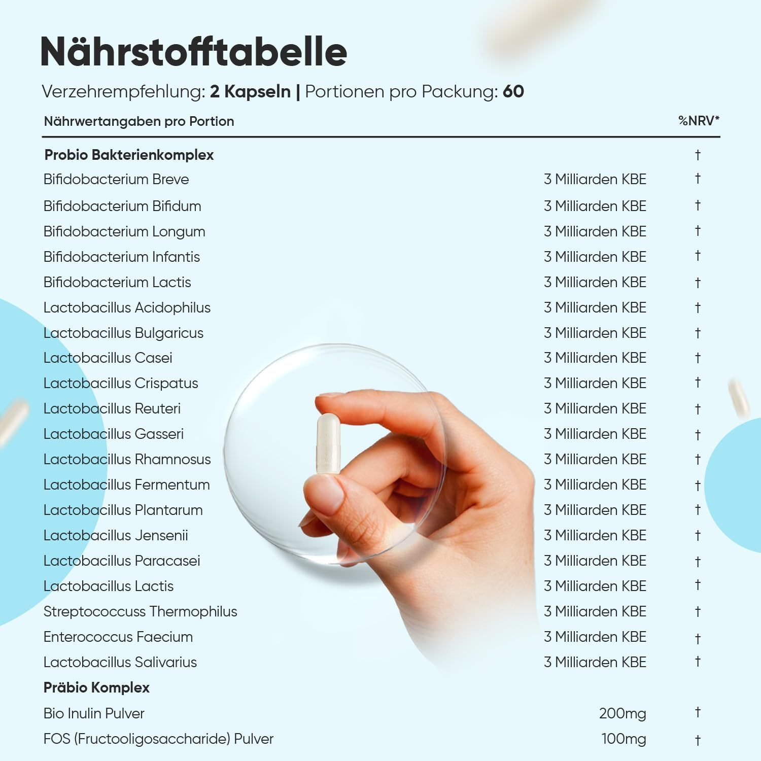 Tabella nutrizionale con ingredienti e valori nutrizionali per porzione. Contiene complesso batterico probiotico e complesso prebiotico.