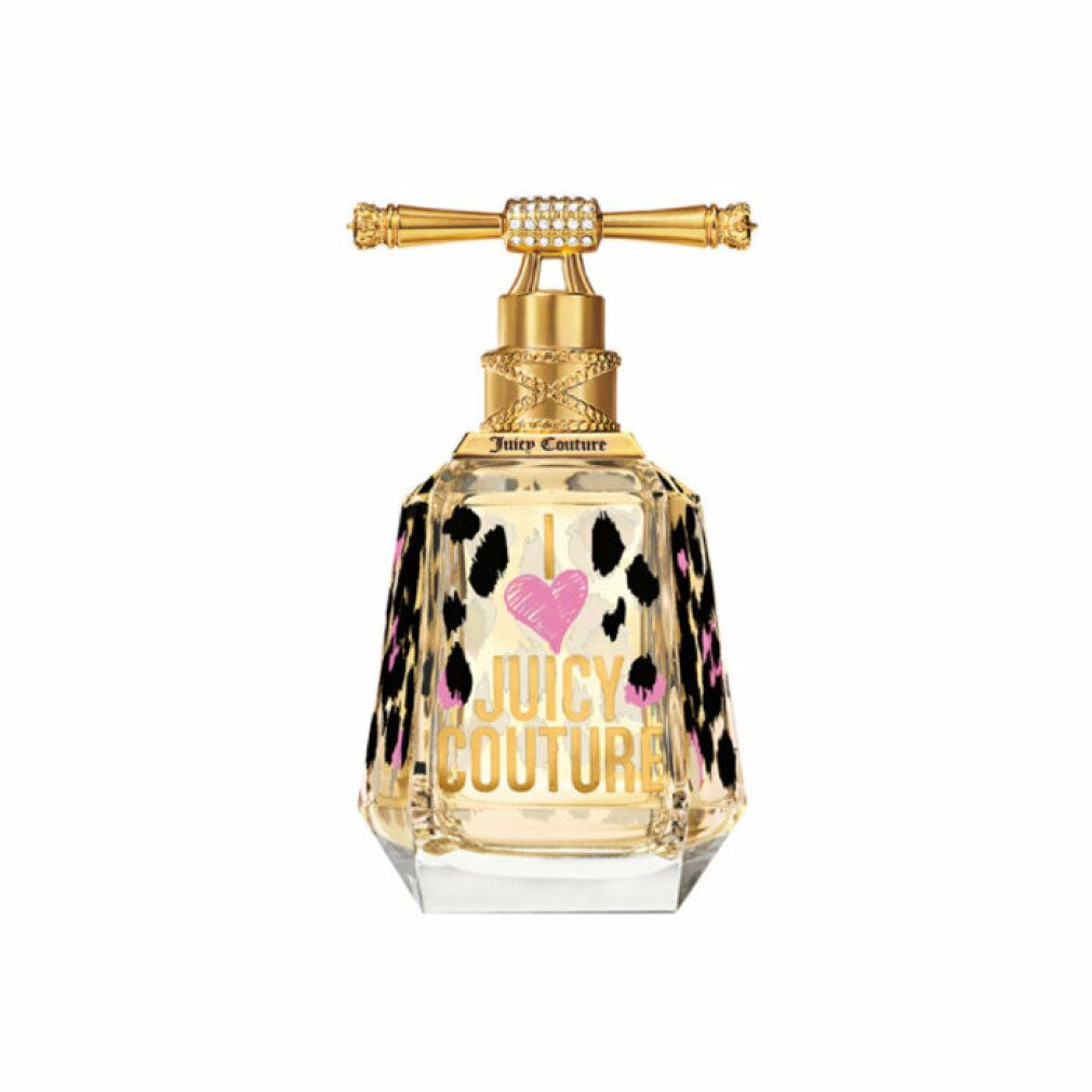 Flacone di Juicy Couture Eau de Parfum Spray. Flacone trasparente con motivo leopardato, chiusura dorata e cuore rosa.