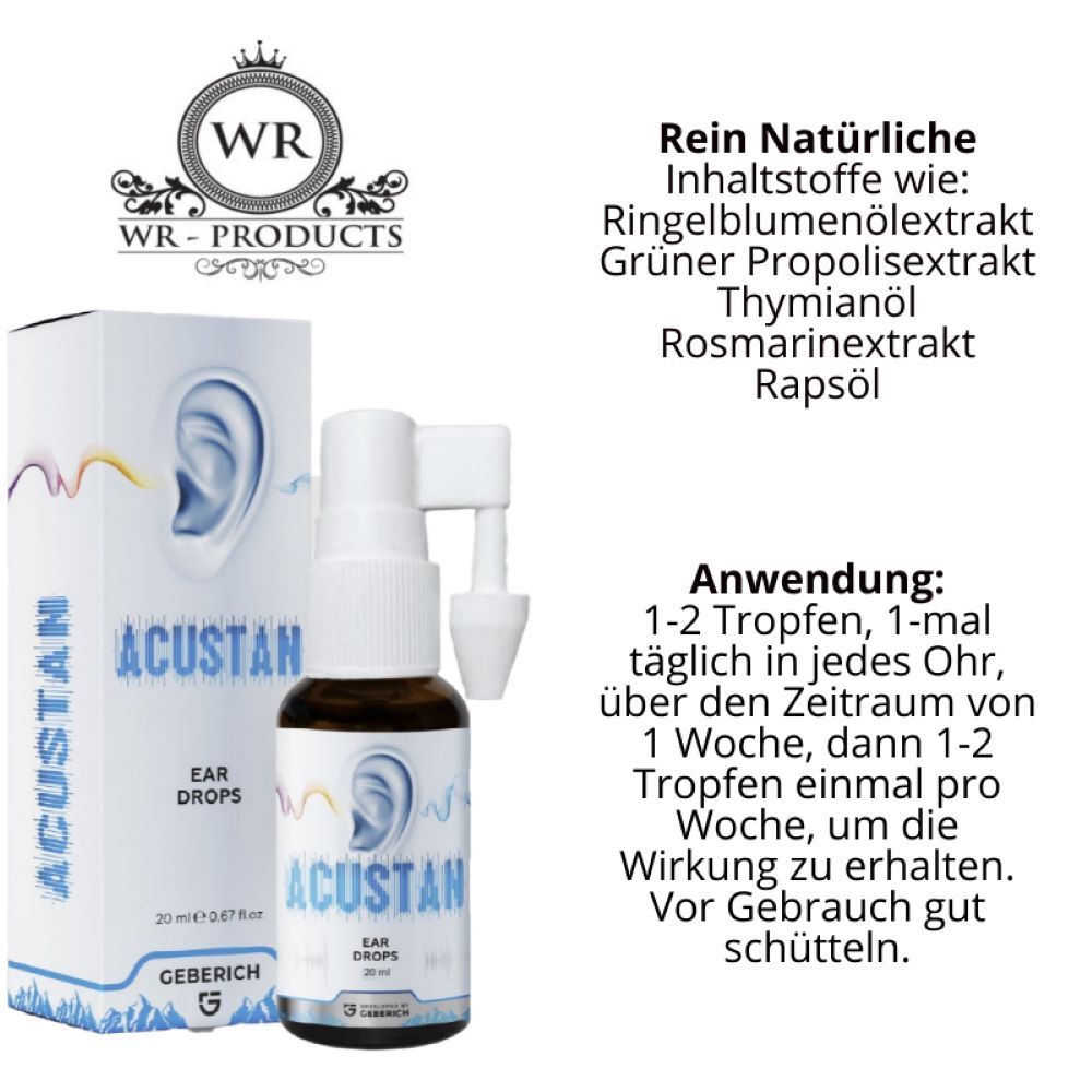 Spray per orecchie Acustan con confezione. Flacone e scatola con nome e logo del prodotto. Contiene 20 ml.