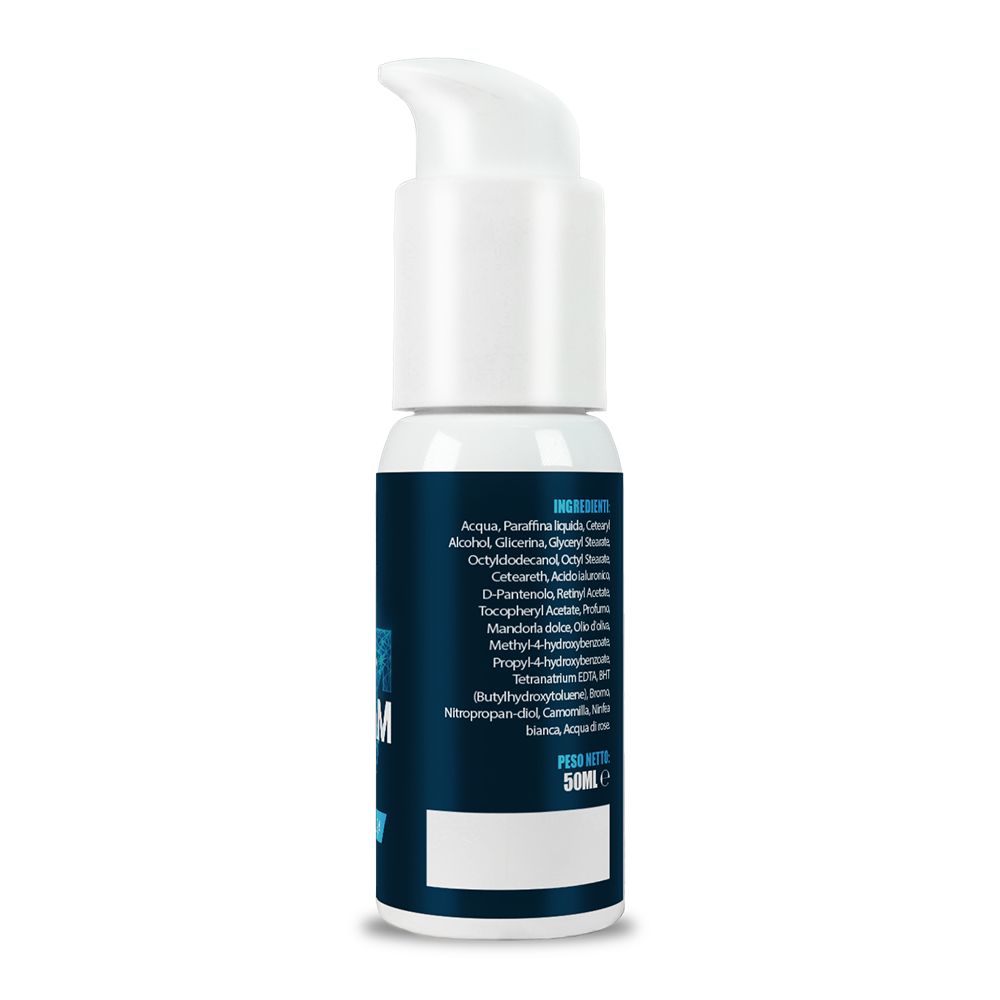 Flacone blu con erogatore bianco. Retro con elenco ingredienti in italiano. Peso netto: 50ml.