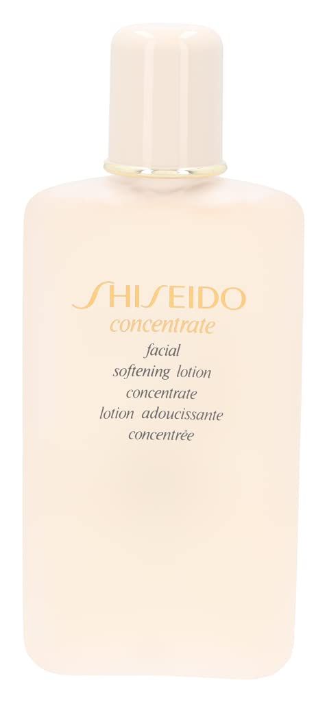 Flacone beige con tappo bianco. Scritta: Shiseido, concentrate, facial softening lotion concentrate, lotion adoucissante concentrée.