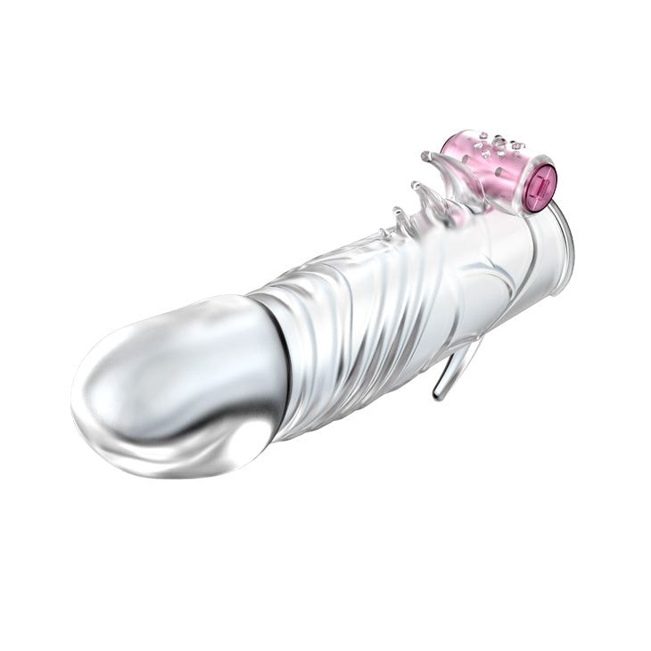 Guaina peniena trasparente con superficie scanalata ed elemento rosa. Elemento trasparente all'estremità.